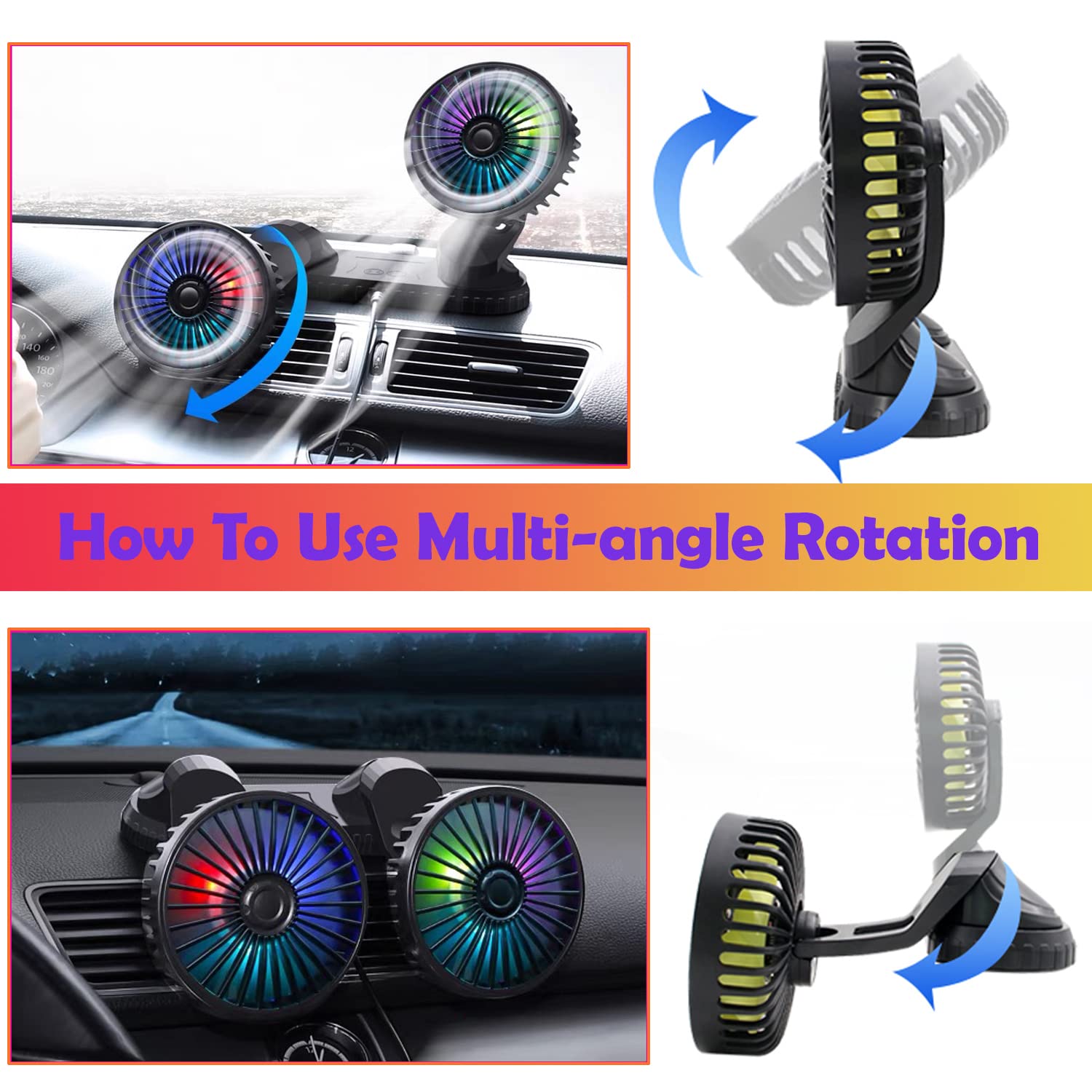 Kinowji Car Cooling Fan,360 Adjustable Dual Head Cooling Air Fan Usb Fan Vehicle Fan With Coloured Light Brushless Motor For Car