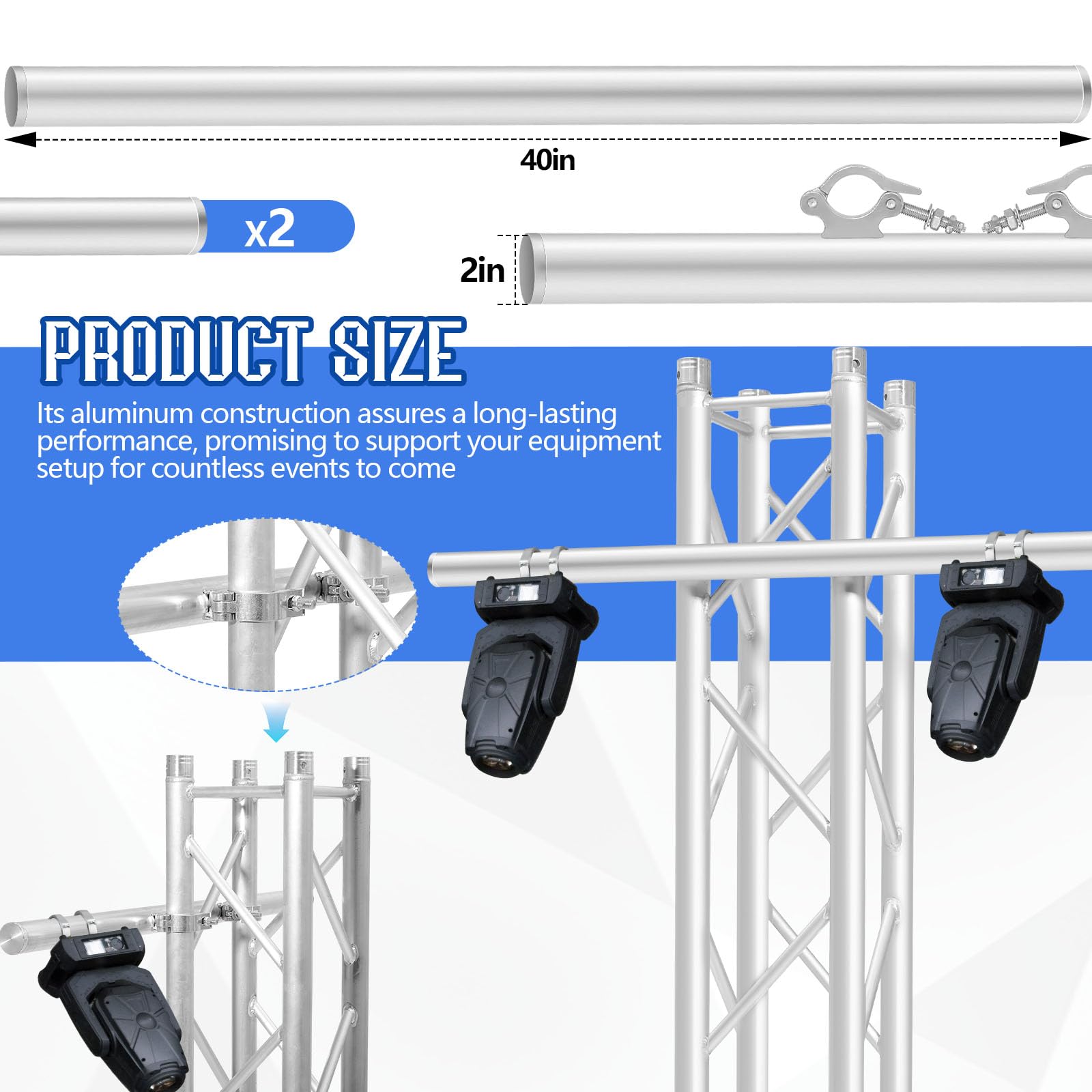 Yaocom 2 Pcs 40 Inch Truss Mounting Pole Extension Pole For Mounting Stage Lighting Aluminum Truss Tube With Dual Clamp For Pro