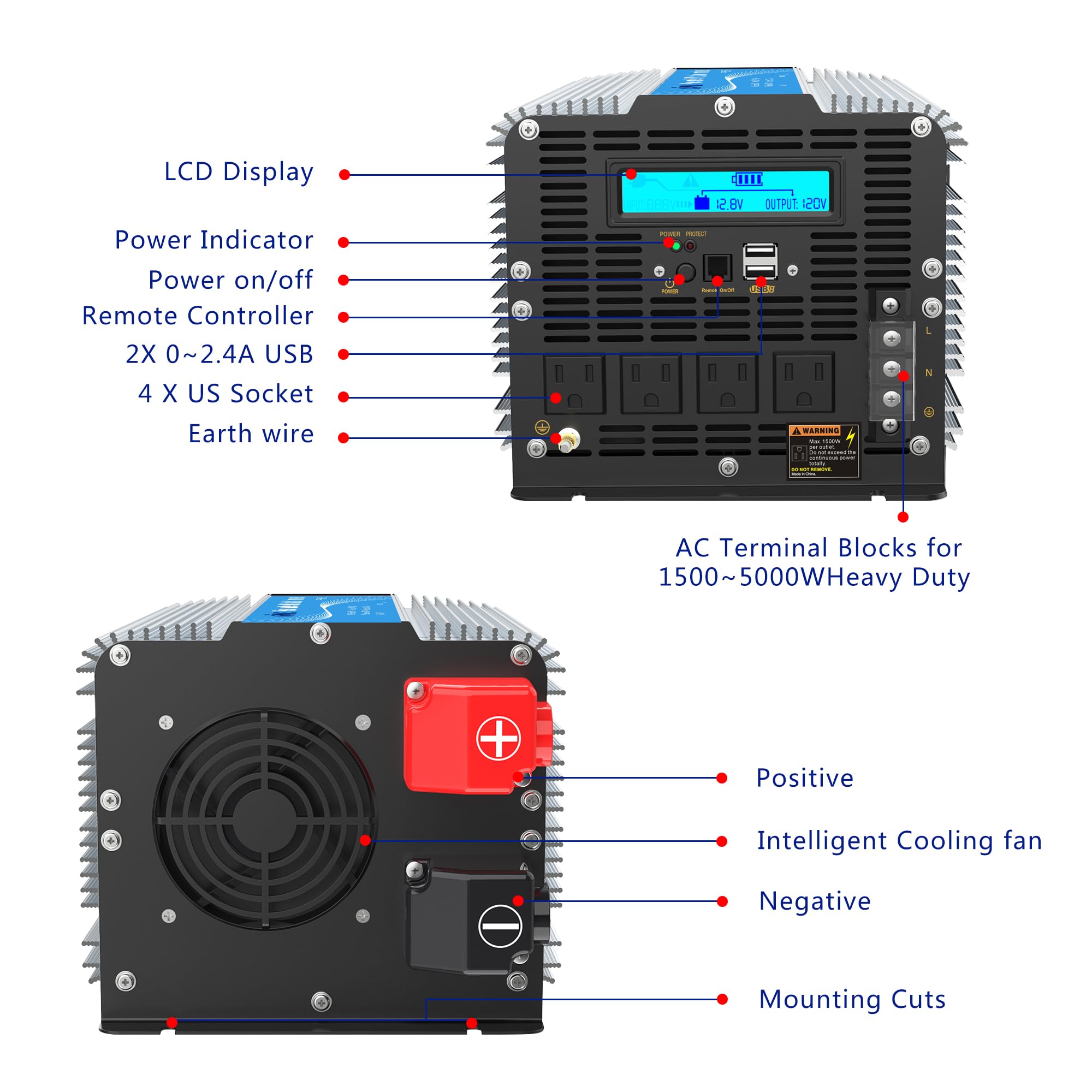 5000Watt Power Inverter Etl Ul458 Listed Inverter 5000 W Converts 12V To 120 Vac With 40 Amps Hardwire Terminal And 4 Ac Sockets