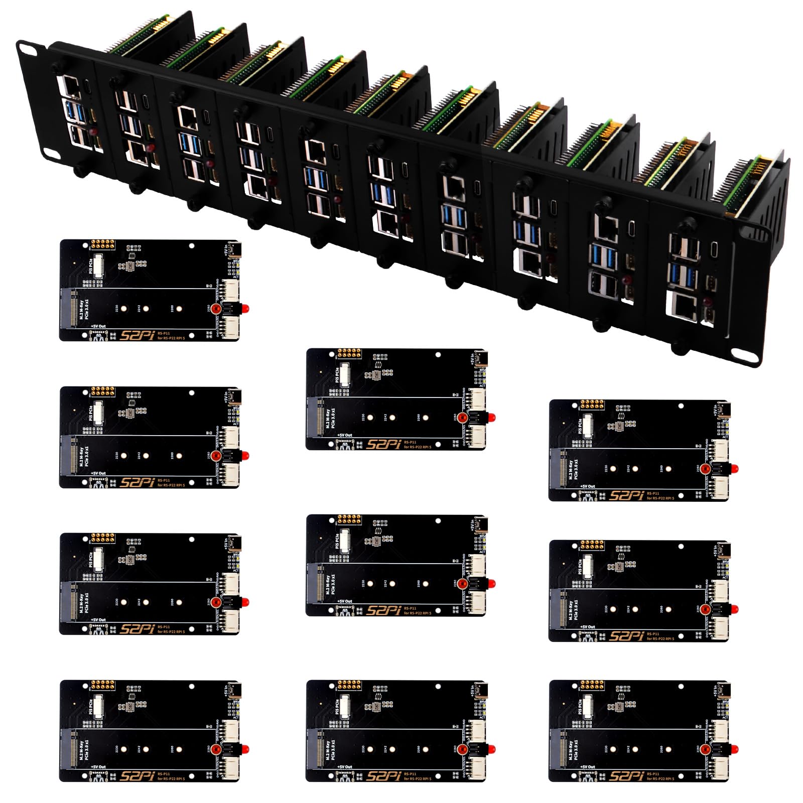GeeekPi 19 inch 2U Rack Mount for Raspberry Pi 5, with 10PCS PCIe to M.2 NVMe SSD Adapters, Compatible with 19 inch Server Rack