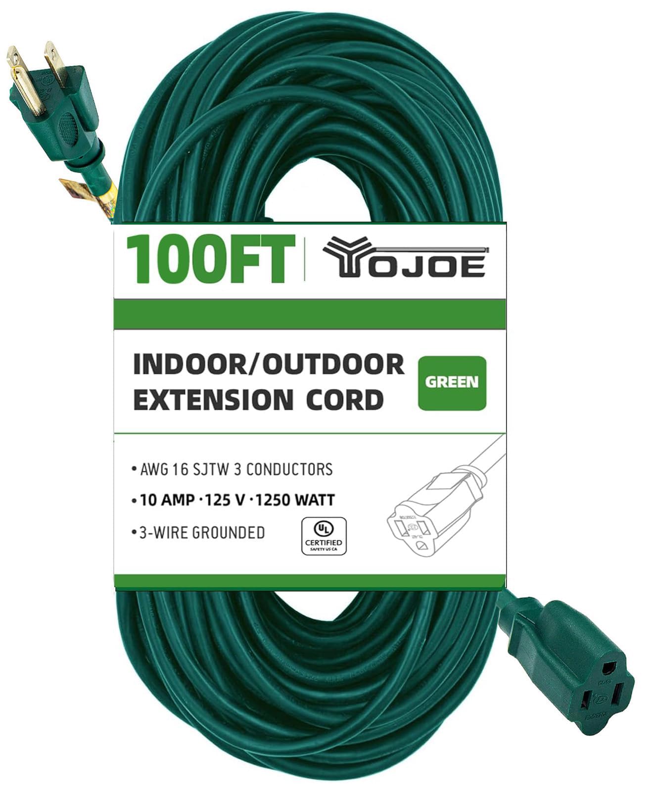 Yojoe Indoor Outdoor Extension Cord, 3 Prong 10A Weatherproof Power Extension Cord, 16 Gauge Heavy Duty 100 Ft Green Extension C
