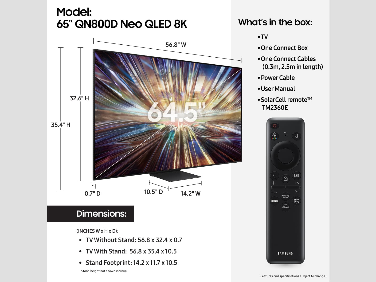 Samsung 65-Inch Class Qled 8K Qn800D Series Mini Led, Neo Quantum Hdr Smart Tv W/Dolby Atmos, Object Tracking Sound+, Ai Motion