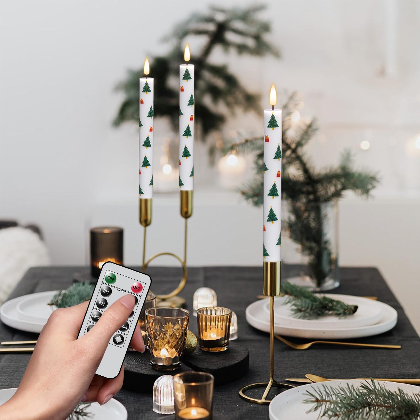 Eldnacele Christmas Taper Flameless Candles With Remote And Timer, Battery Operated 3D Wick Flickering Christmas Tree Decal Cand