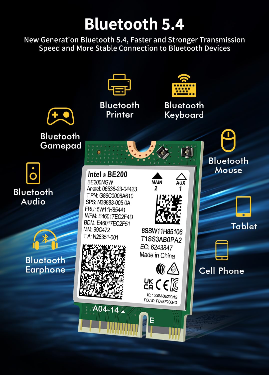 Wifi 7 Wireless Card Intel Be200 Ngw, Bluetooth 5.4, 5800Mbps M.2/Ngff Network Support Windows 10/11 (64Bit), Linux, Not Support