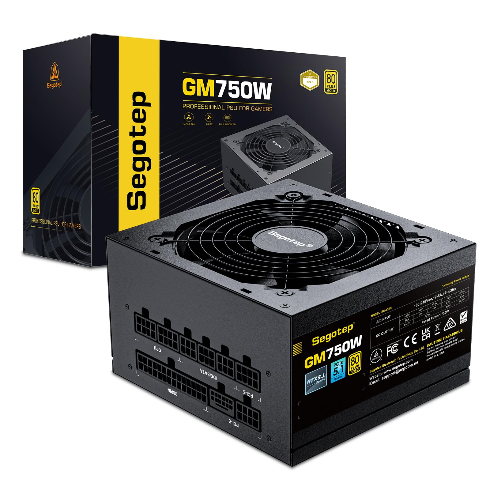Segotep 750W Power Supply, 80 Plus Gold Full Modular Pcie 5.1 & Atx 3.1 Gaming Psu For Nvidia Rtx 20/30/40/50 Series & Amd Gpu, 120Mm Silent Fdb Fan, Japanese Original Electrolytic Capacitors