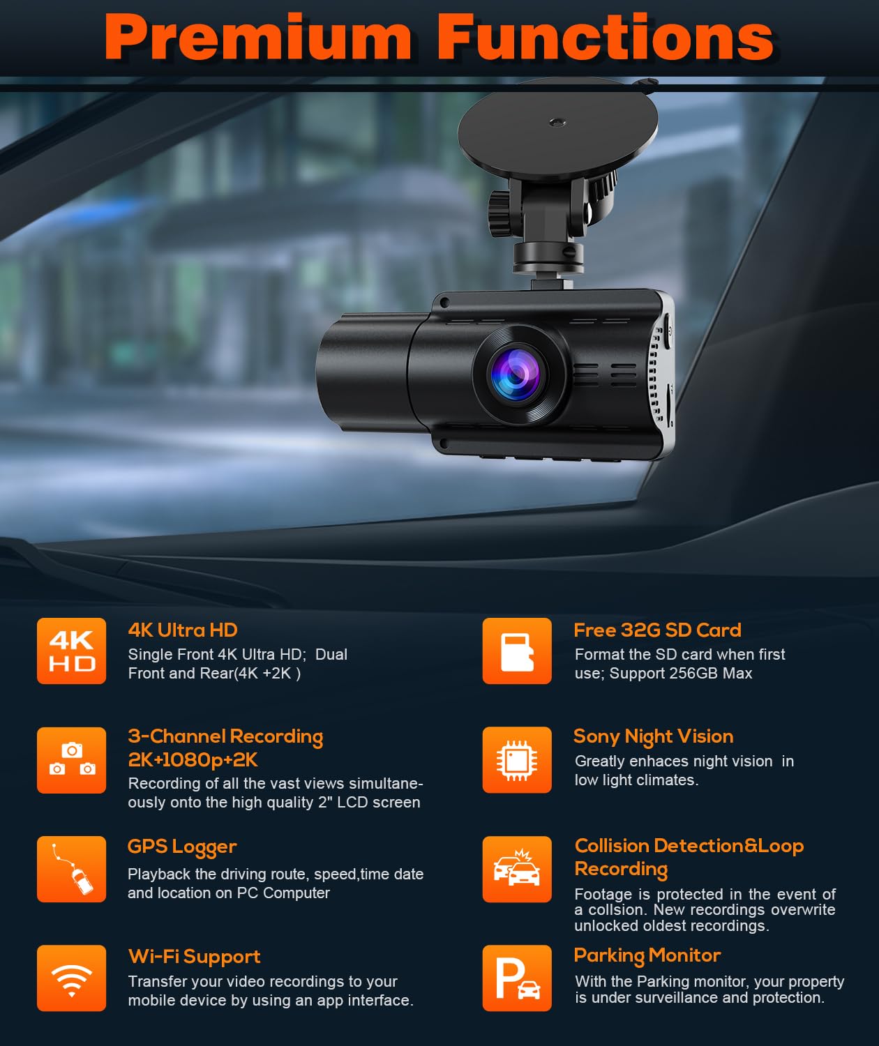Moplasz 3 Channel 4K Dash Cam Built In Wifi Gps, Full Hd 4K+2K Front And Rear Dash Camera For Cars, 2K+1080P+2K Three Way Camera