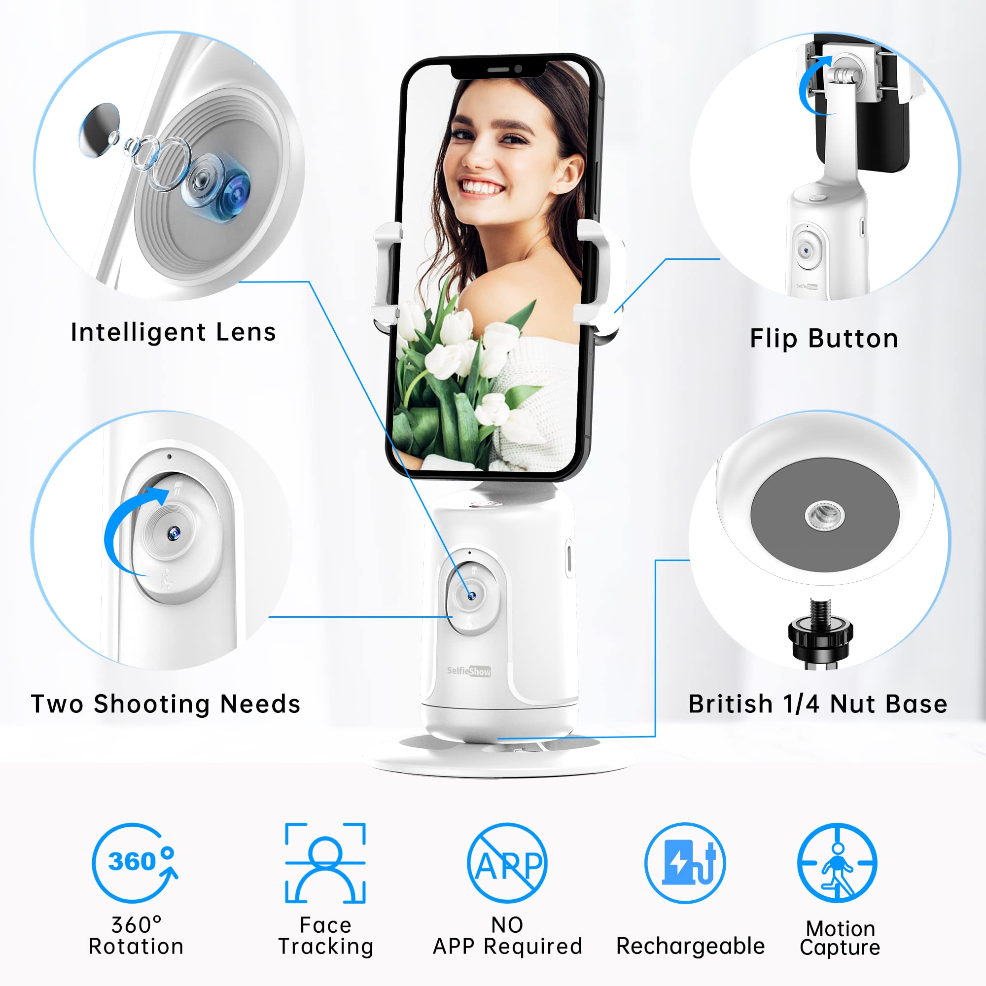 Auto Tracking Phone Holder, Auto Face Tracking Tripod, Portable All-In-One Smart Selfie Stick 360 Rotation Fast Face & Object Tr