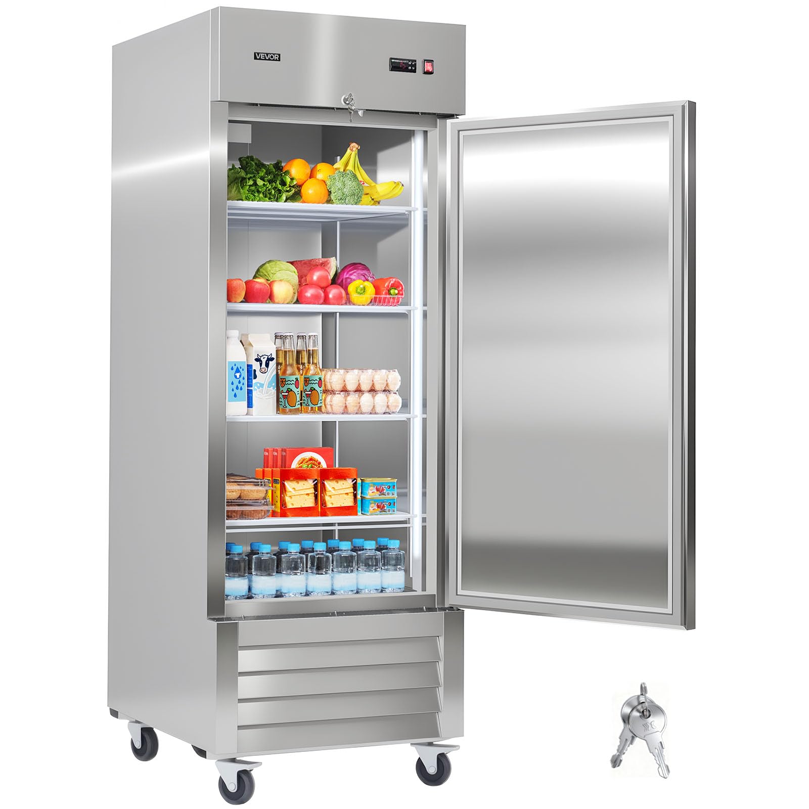 VEVOR Commercial Reach-In Refrigerator 29 W, 22 Cu.Ft Stainless Steel Upright Refrigerator with Single Door, Auto-Defrost, 4 Adj