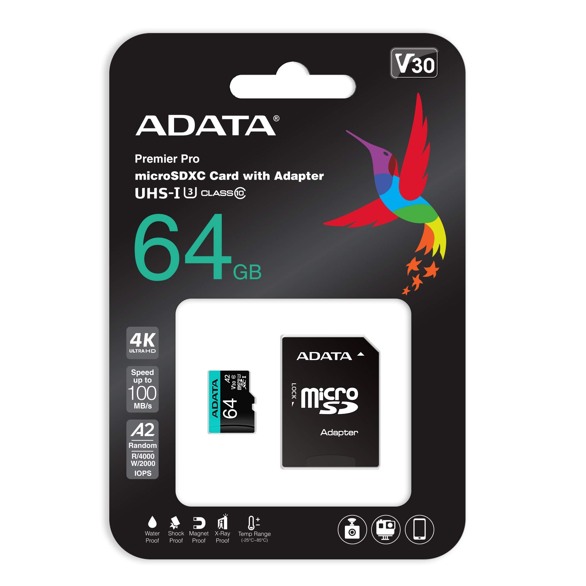 Adata Premier Pro 64Gb Microsdxc Uhs I U3 V30 Class 10 A2 Mircosd Memory Card With Adapter Ausdx64Gui3V30Sa2 Ra1