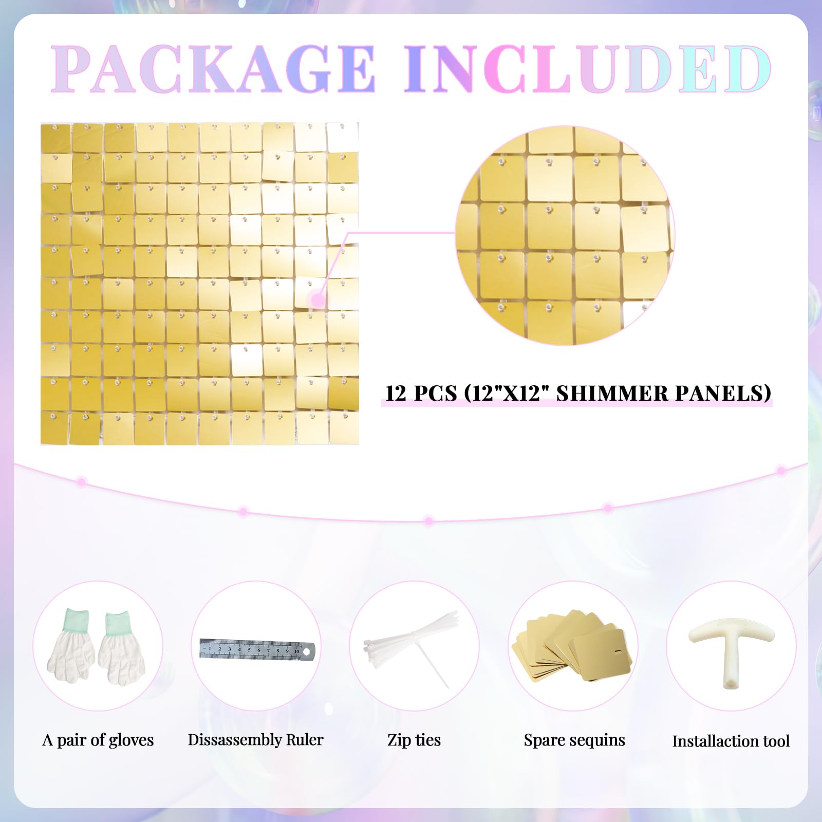 Shimmer Wall Backdrop Light Gold Wall Panels 12Pcs Square Sequin Shimmer Wall Backdrop Decoration For Birthday Party,Wedding, An