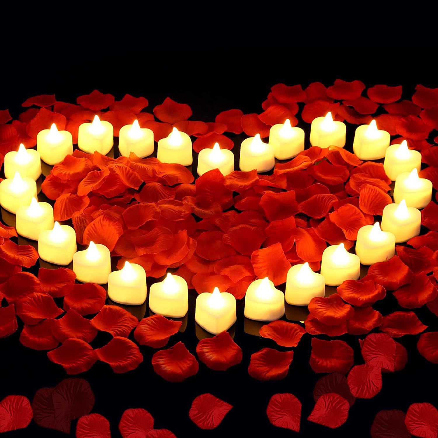 Pyrrhiax 2000 Pieces Artificial Rose Petals And 24 Pieces Led Tea Lights Candles,Romantic Night Decoration Set, Romantic Gifts F