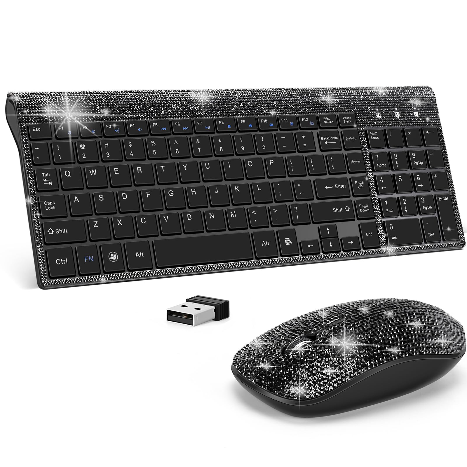 Dazzling Luxury Keyboard And Mouse Wireless, Sparkly Bling Rhinestone Wireless Mouse And Keyboard Gift Set (Black)