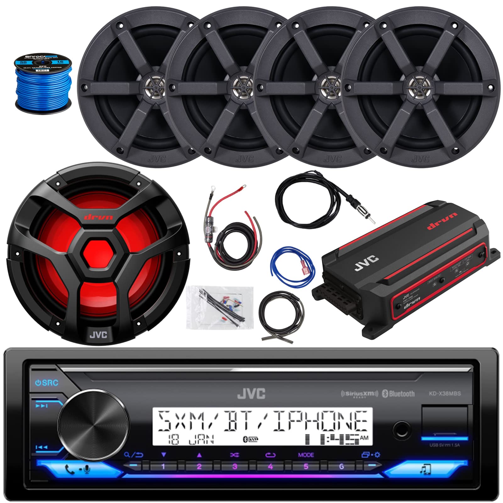 Jvc Single Din Marine Bluetooth Usb/Aux Stereo Receiver, 4X 6.5 100 Watt Black Speakers W/Wire, 10'' 1300 Watt Multicolor Led Bl