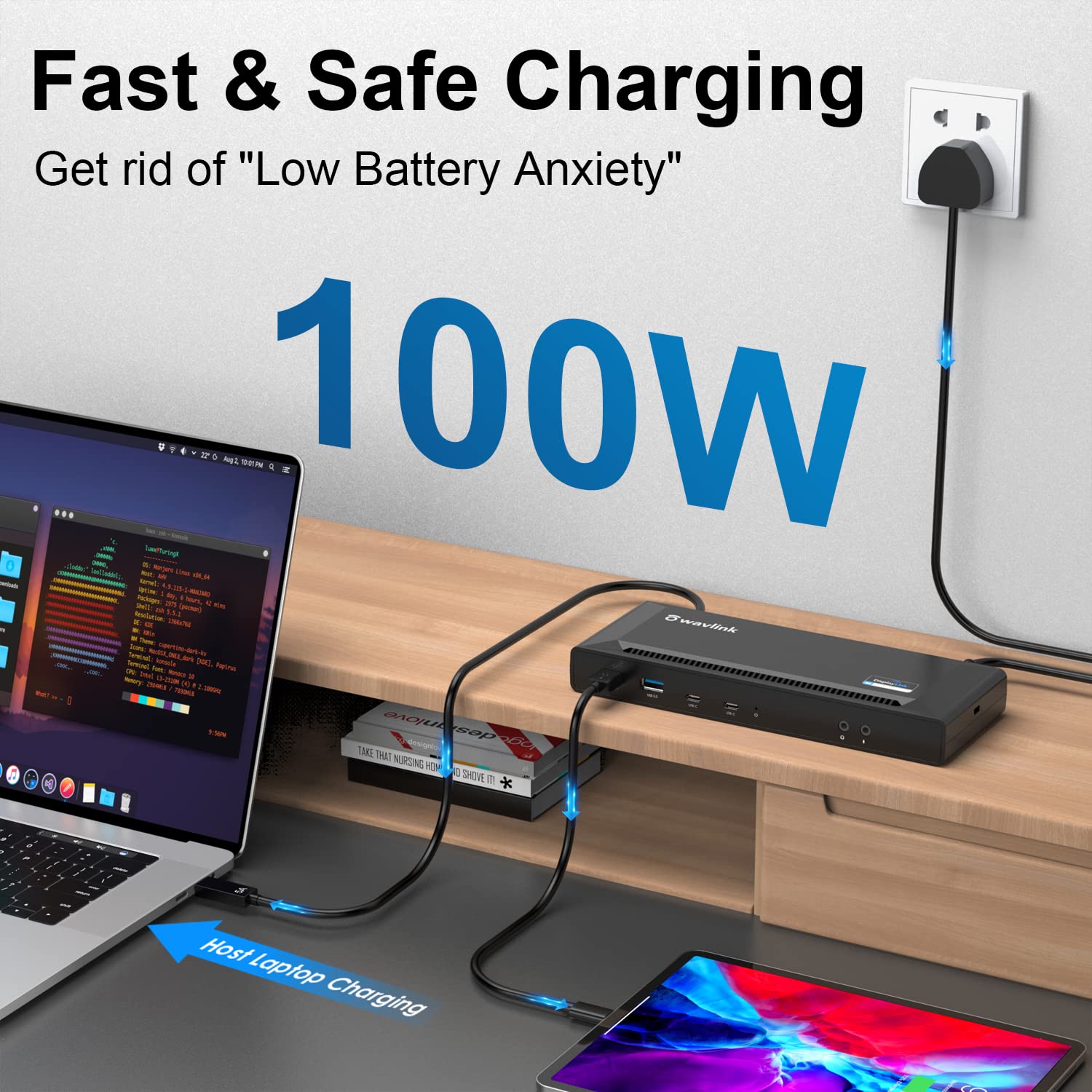 Wavlink Displaylink Laptop Docking Station   Dual Monitors 5K/4K@60Hz, 100W Charging   Thunderbolt 4/3, Usb C/A   M1 M2 Mac, Windows, Chrome, Ubuntu   2Hdmi, 2Dp, 6 Usb Ports, 130W Power, Lan, Audio