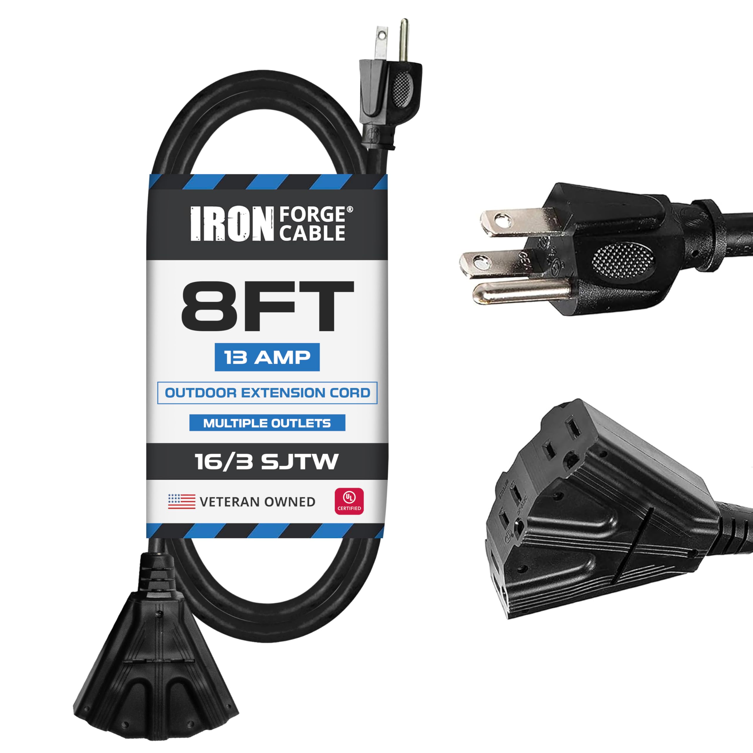 Iron Forge Cable 3 Outlet Outdoor Extension Cord 8 Ft, 16/3 Sjtw Black Extension Cord With Multiple Outlets 3 Prong, 13 Amp Weat