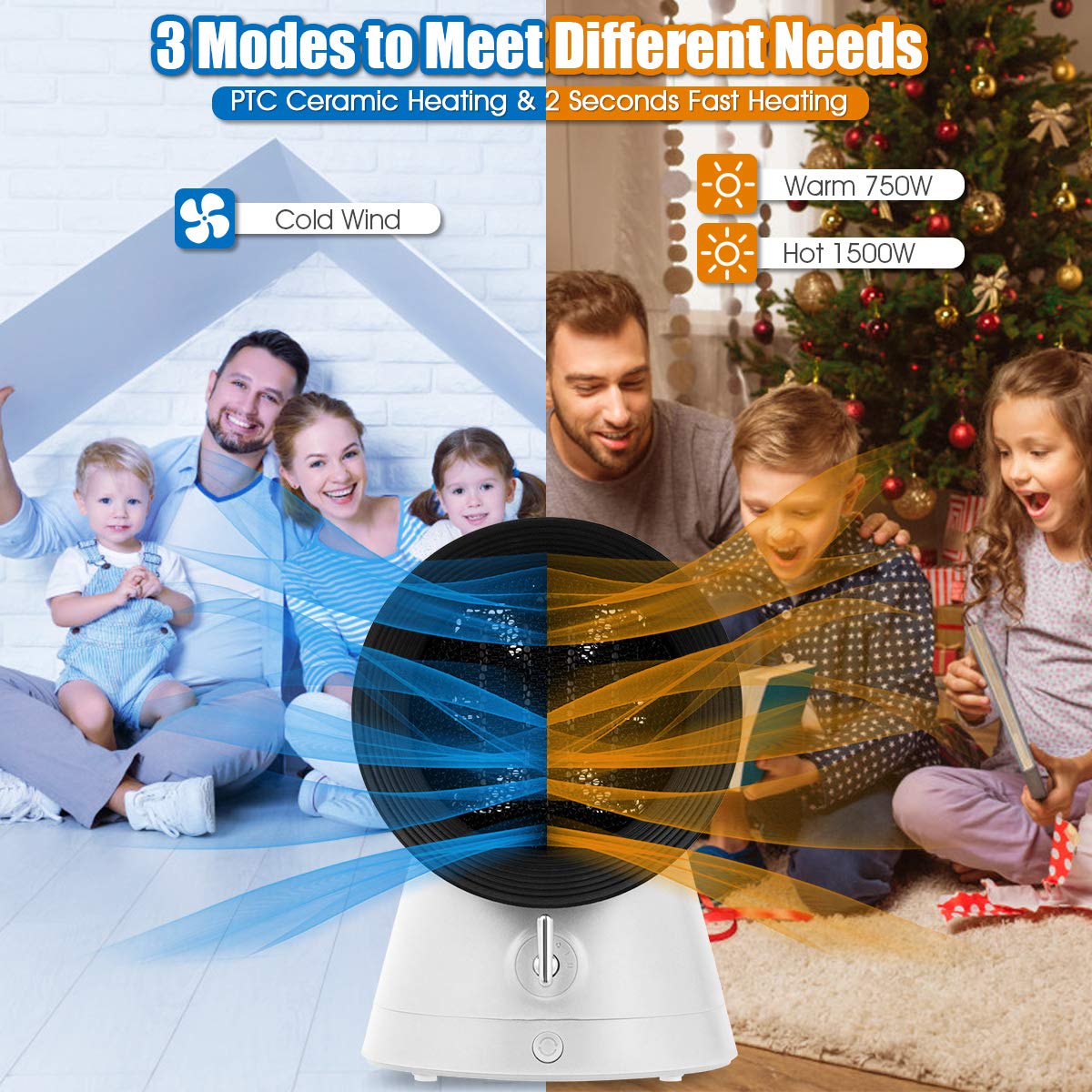 Goflame Electric Mini Space Heater Cooling Fan, 2 In 1 Space Heater With Adjustable Thermostat, 1500W Air Heater W/Tip Over & Ov