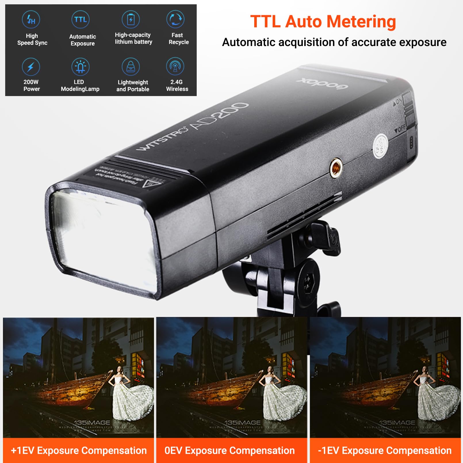 Godox Ad200 Strobe Flash Monolight, 200Ws Pocket Flash Light, 2.4G Ttl 1/8000 Hss Speedlite With 2900Mah Li Ion Battery, Bare Bu