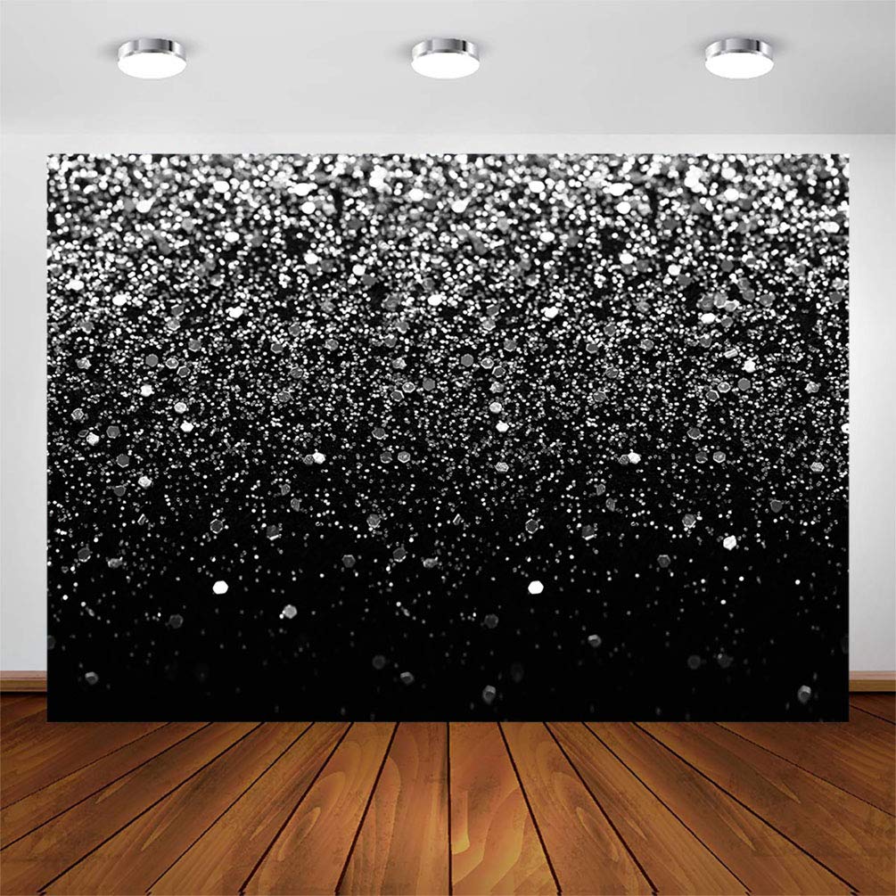 Comophoto Silver Bokeh Black Backdrop 7X5Ft Birthday Party Silver Black Themed Photography Background Silver Dots Decorations Wedding Birthday Party Events Banner Photo Booth Backdrops