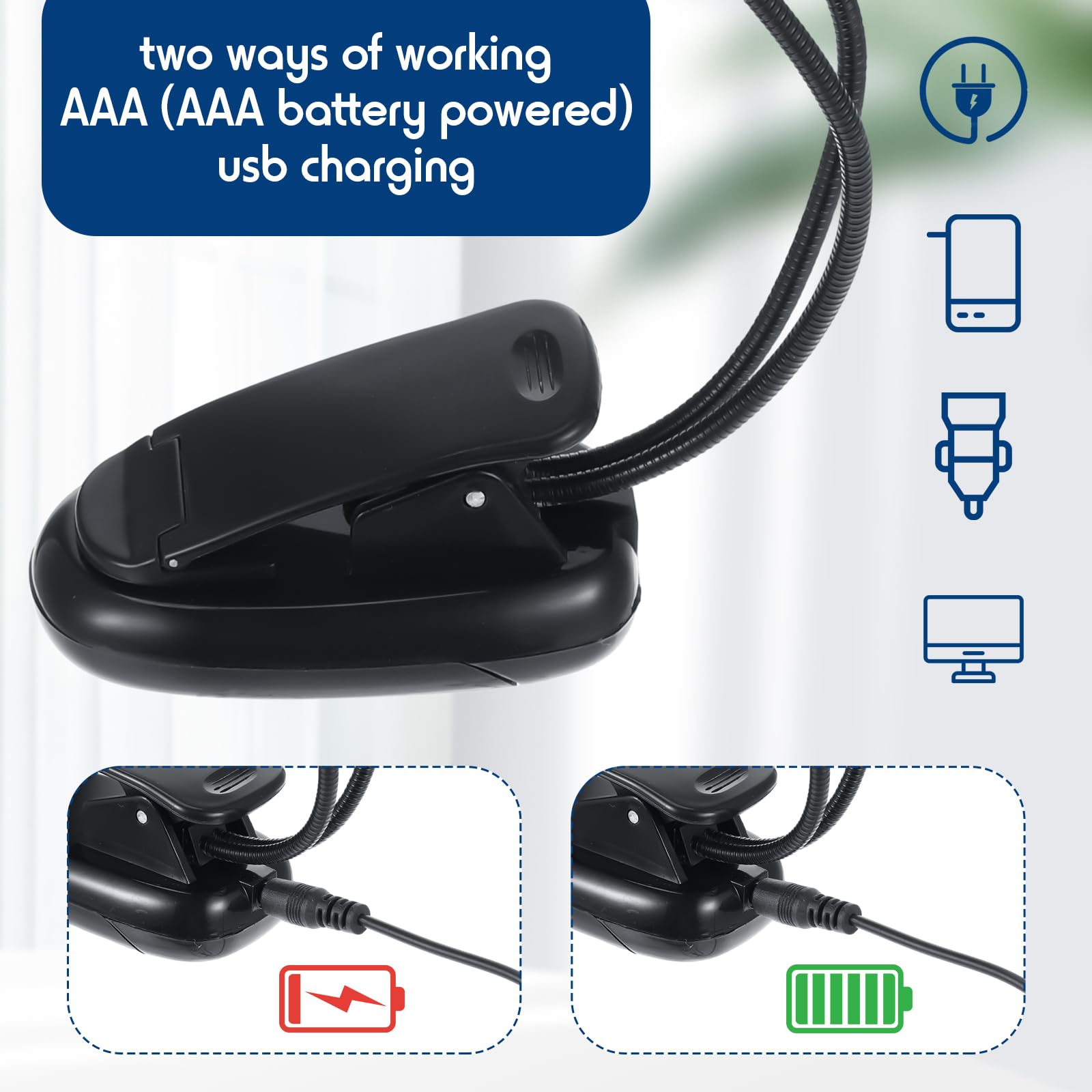 Rossesay 10 Pcs Led Book Light Usb And Aaa Battery Operated Music Stand Clip On Reading Light 4 Brightness Levels Dual Arm Clip