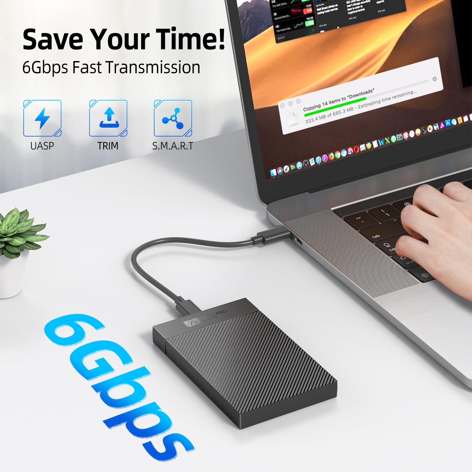 SAN ZANG MASTER 2.5 Inch Hard Drive Enclosure USB 3.1 Gen 1 to SATA III 6Gbps UASP Trim USB-C Black