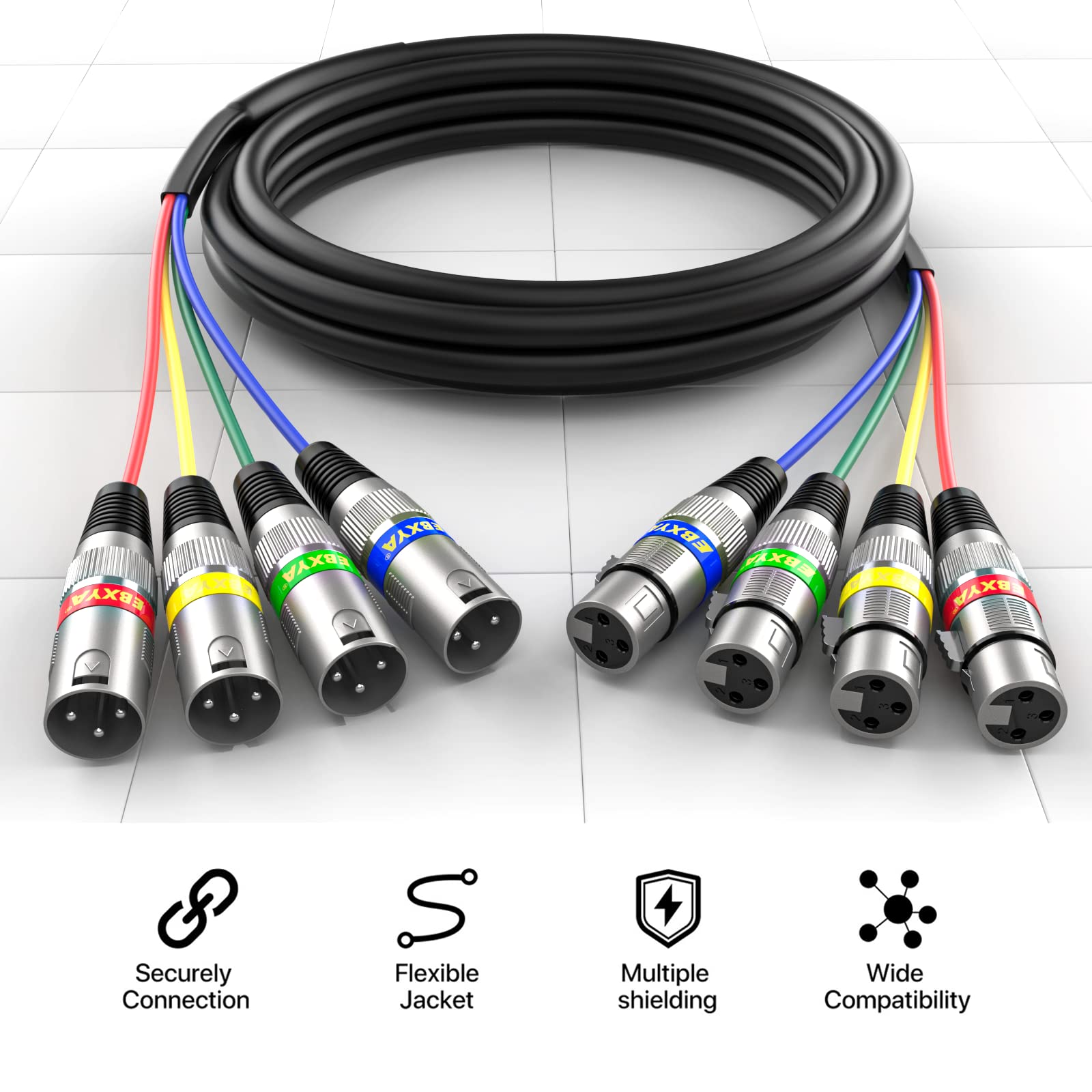 Ebxya 15Ft Xlr Snake Cables   4 Colored 4 Channel Microphone Cable Patch Speaker Cable 3 Pin Xlr Male To Female, 2 Pack
