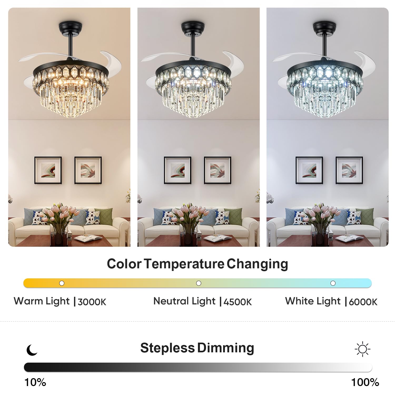 Fidgra 42'' Fandelier Ceiling Fan With Light, Retractable Ceiling Fan With Lights Chandelier Fan For Bedroom, Living Room, Led D