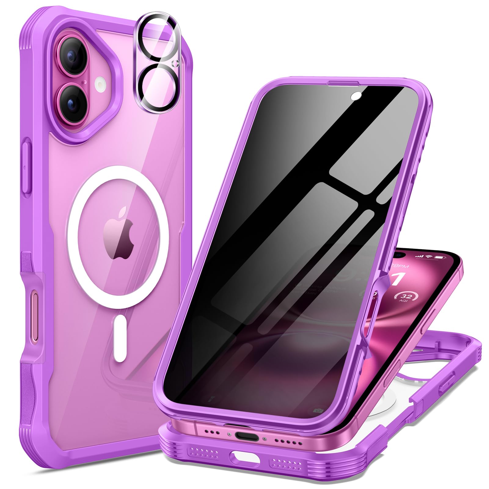 seacosmo for iPhone 16 Plus Case, Full Body Bumper with Built-in 9H Tempered Glass Privacy Screen and Camera Lens Protector, Com