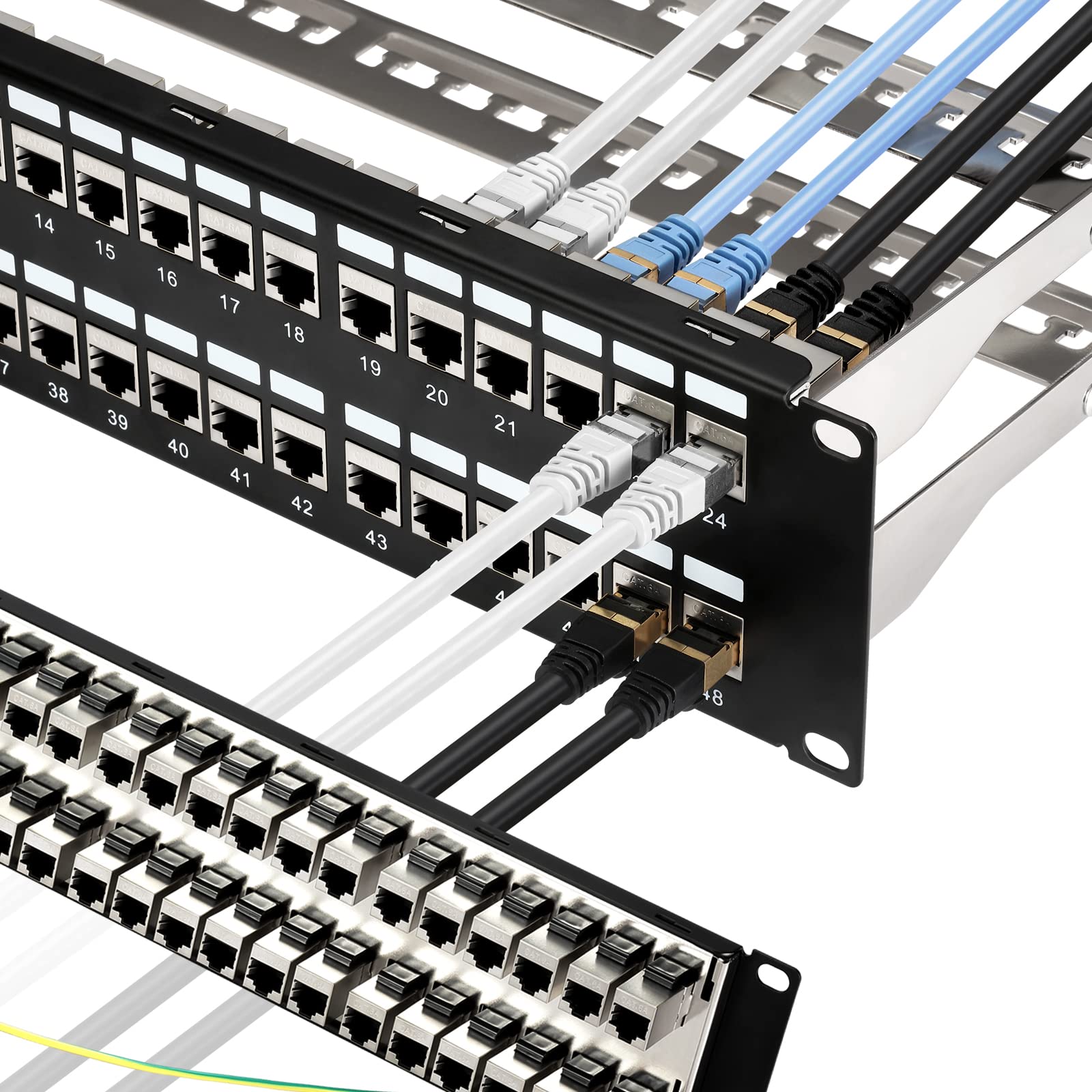 Rapink Patch Panel 48 Port Cat6A With Inline Keystone 10G Support, Coupler Patch Panel Stp Shielded 19 Inch With Removable Back Bar, 1U Network Patch Panel For Cat7, Cat6, Cat6A, Cat5E
