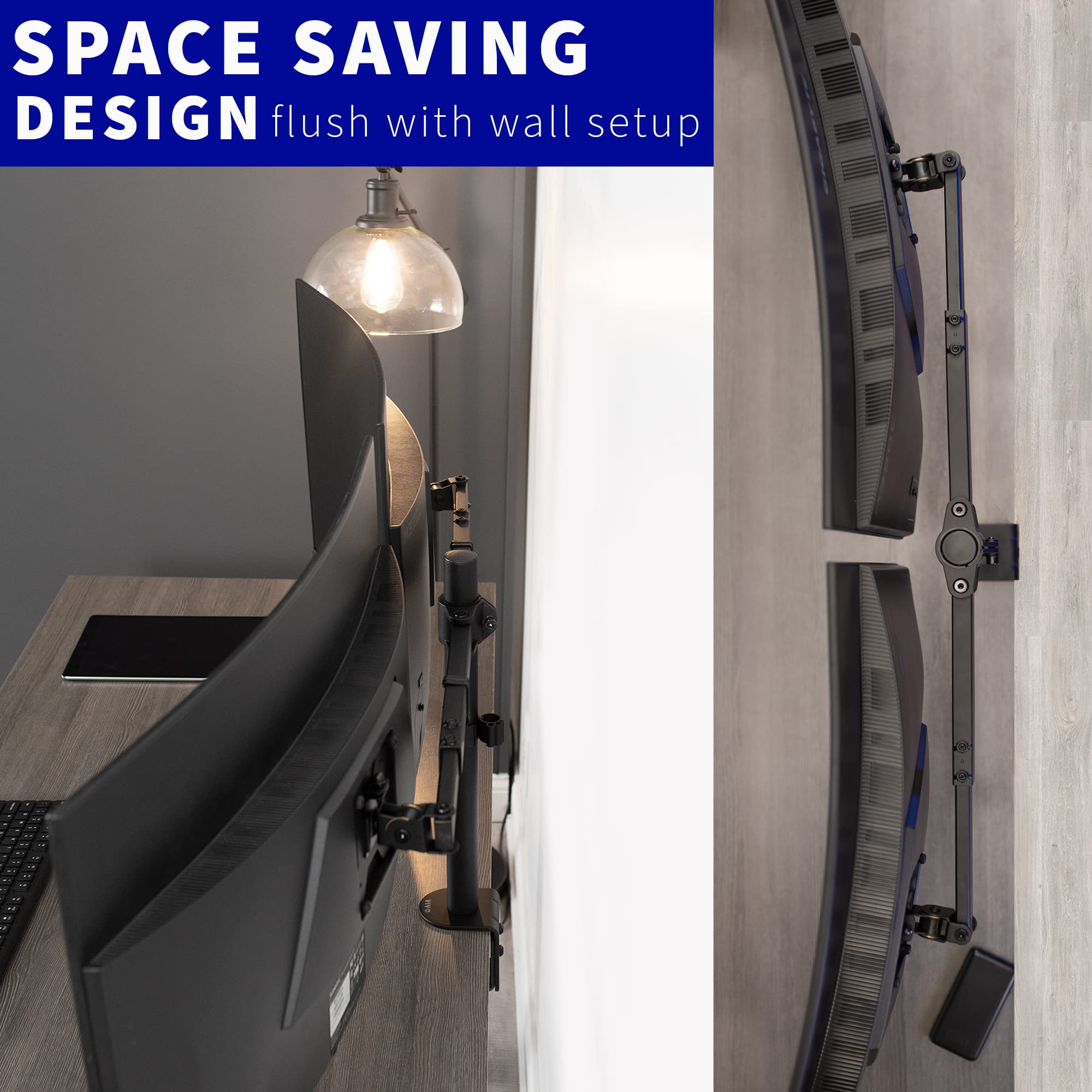 VIVO Premium Dual Ultra Wide LCD LED 27 to 38 inch Monitor Desk Mount, Heavy Duty, Adjustable Telescoping Arms, Flush Wall Setup, Fits 2 Screens, Black, STAND TS38C