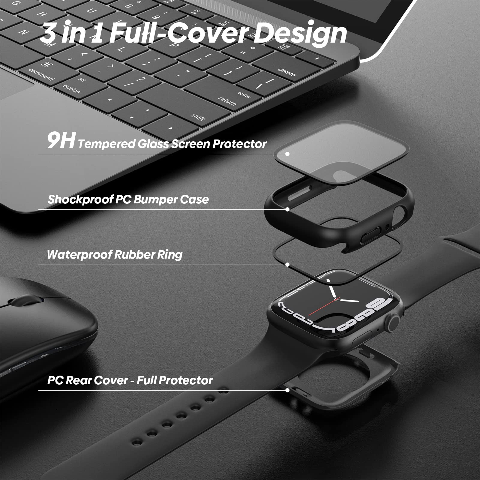 Yolovie [2 Pack] 2 In 1 Waterproof Case Compatible For Apple Watch Series 9 8 7 41Mm Screen Protector Tempered Glass Film Pc Fac