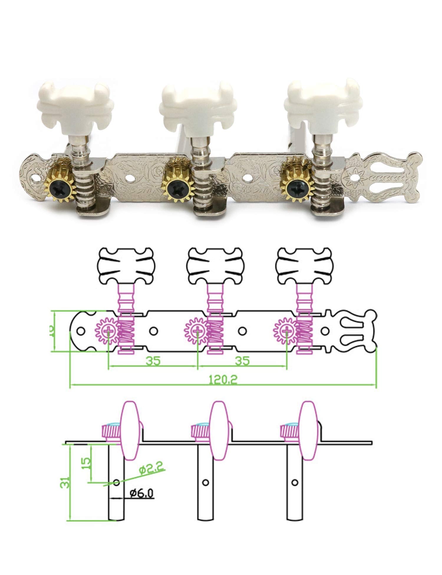 Metallor Classical Guitar Tuning Pegs Chrome Plated Machine Heads Tuning Keys Tuners Single Hole 3L 3R.
