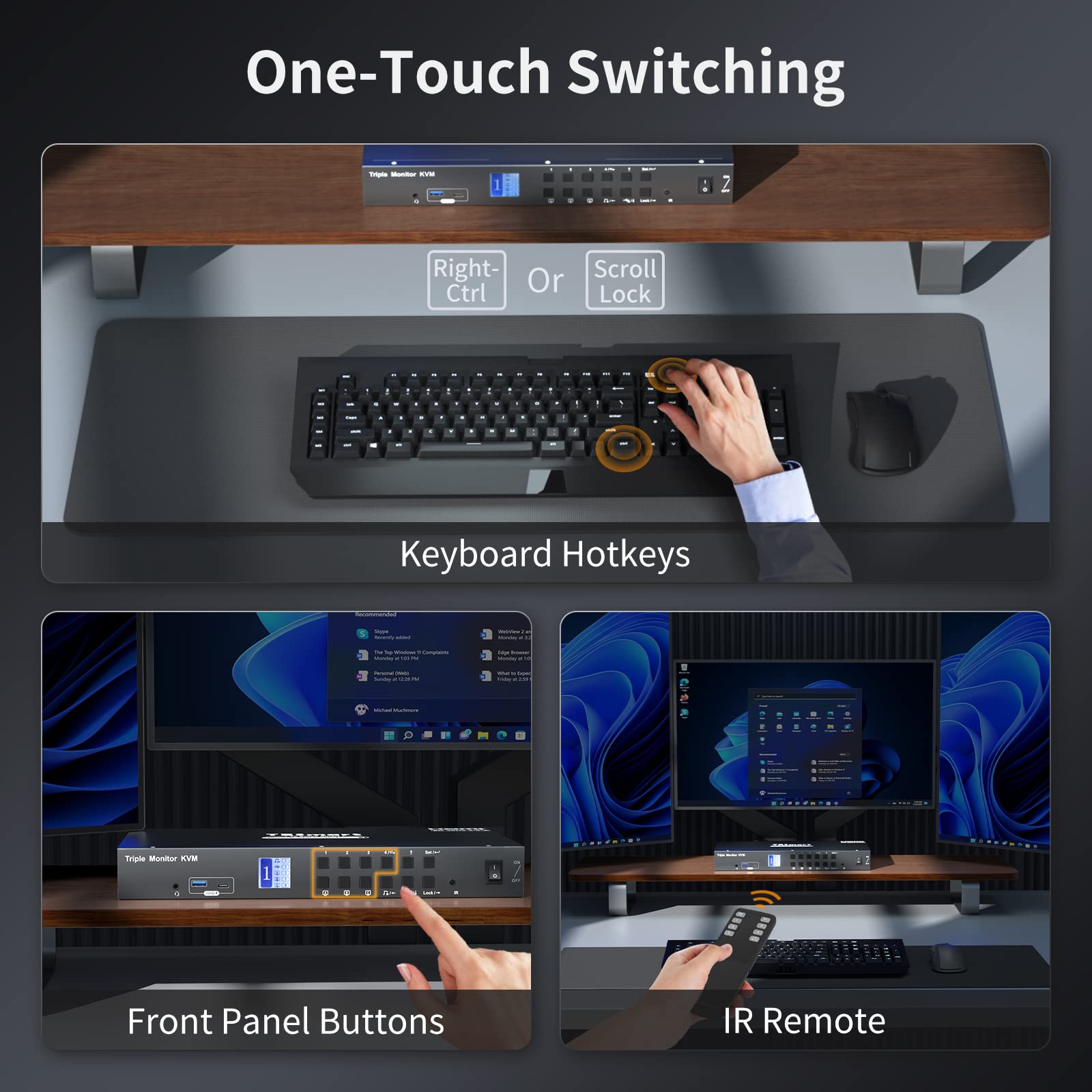Tesmart Usb 3.0 Hdmi Kvm Switch 3 Monitors 4 Computers 4K@60Hz, Headset, Audio&Microphone, Edid Emulators, Hotkey Switch, Wired