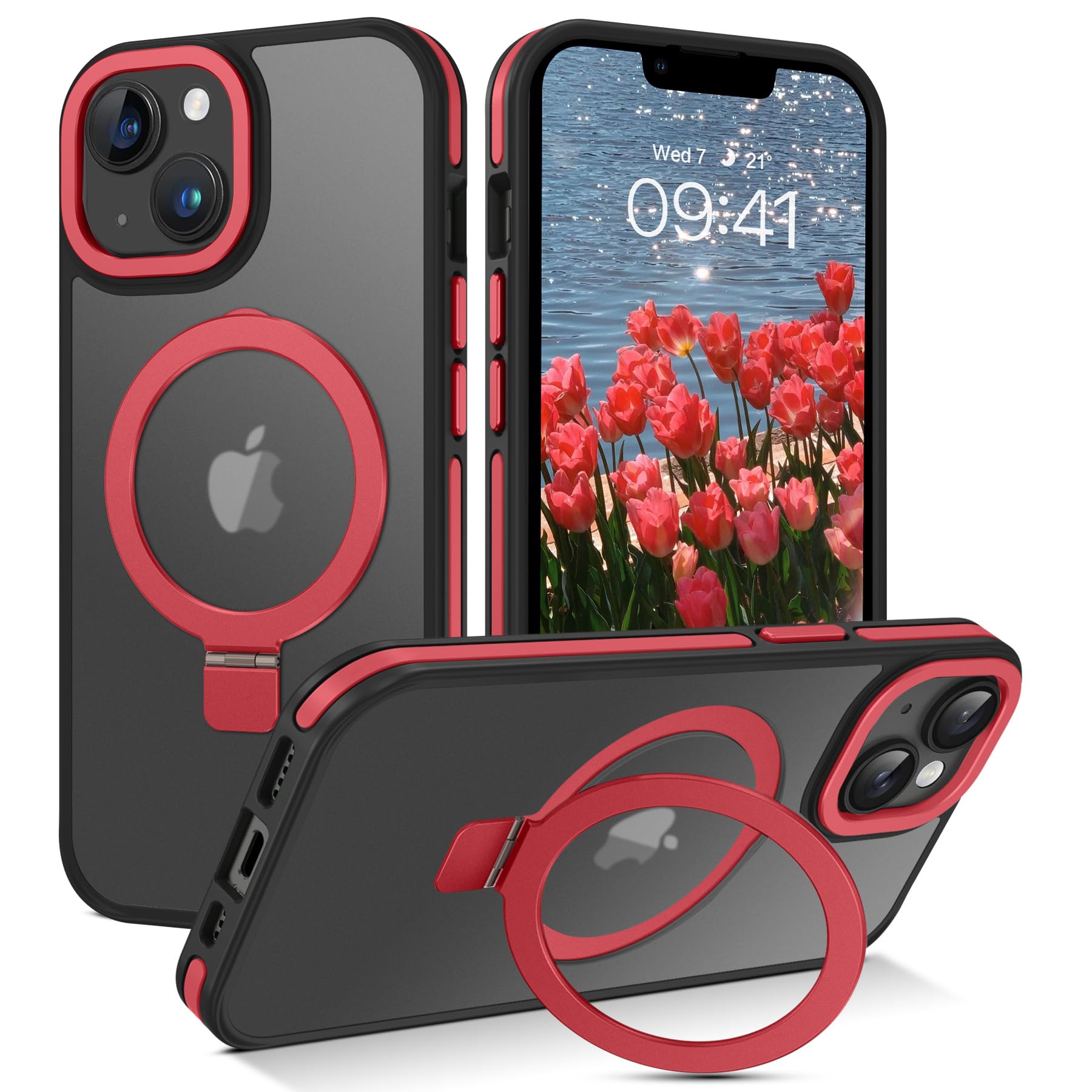 Veningo Iphone 14 Case, Iphone 13 Case,Magnetic Slim Fit Magsafe Translucent Matte Car Mount Supported Foldable Ring Holder Kick