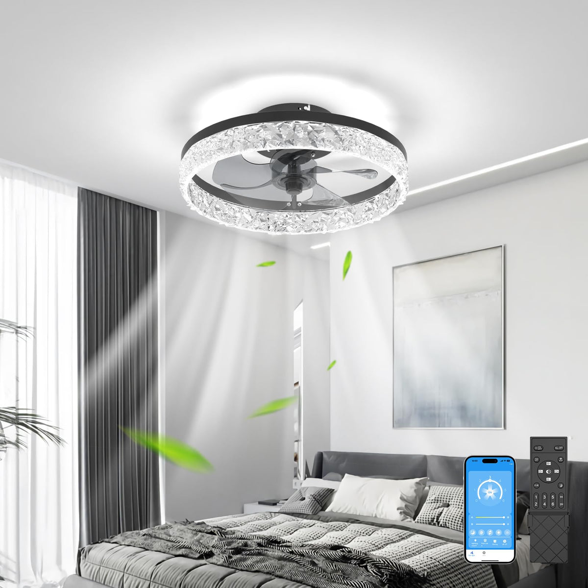 Jofios Low Profile Ceiling Fan With Light, 15.7In Flush Mount Fandelier Ceiling Fan With 6 Wind Speeds, Dimmable White Modern Sm