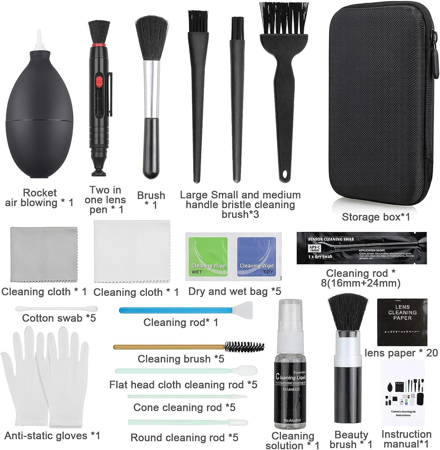 18 In 1 Professional Camera Cleaning Kit For Most Dslr Cameras (Canon, Nikon,Sony), With Air Blower/Cleaning Pen/Detergent/Clean