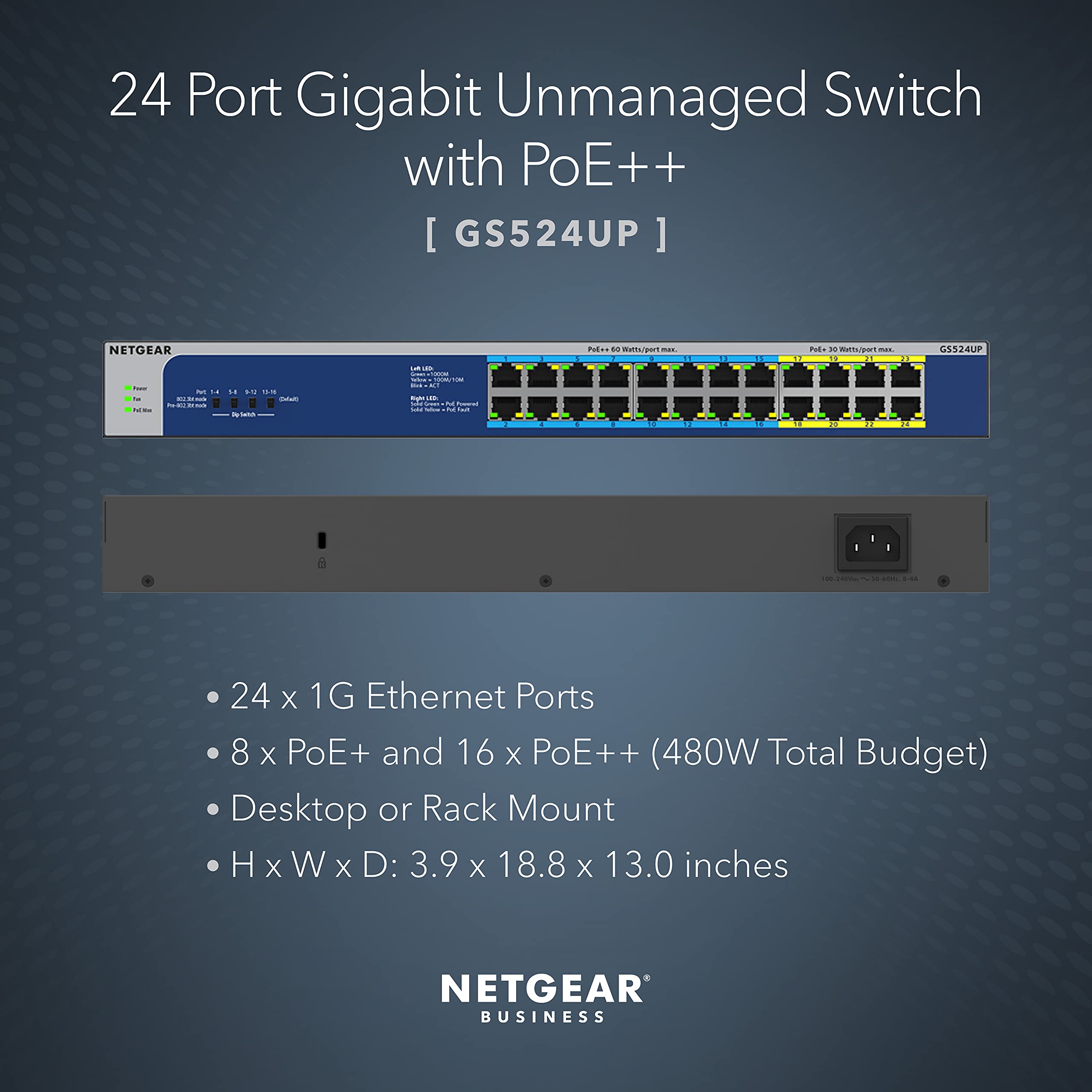 Netgear 24-Port Gigabit Ethernet Unmanaged Poe Switch (Gs524Up) - With 8 X Poe+ And 16 X Ultra60 Poe++ @ 480W, Desktop Or Rackmo