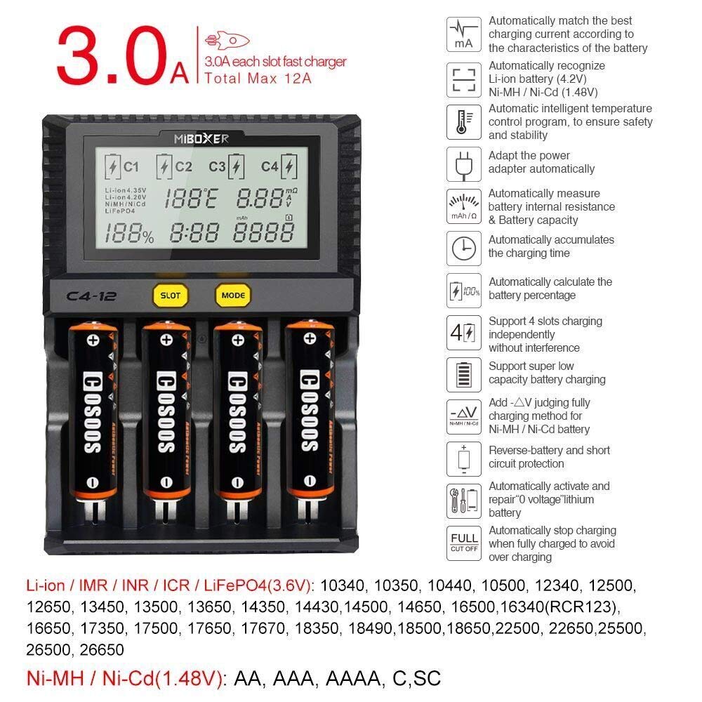 Miboxer Fastest 18650 Battery Charger,3A/Bay Quick Charging Chargeable Aa Aaa D 26650 18490 18350 18500 Rcr123 Li Ion/Imr/Inr/Ic
