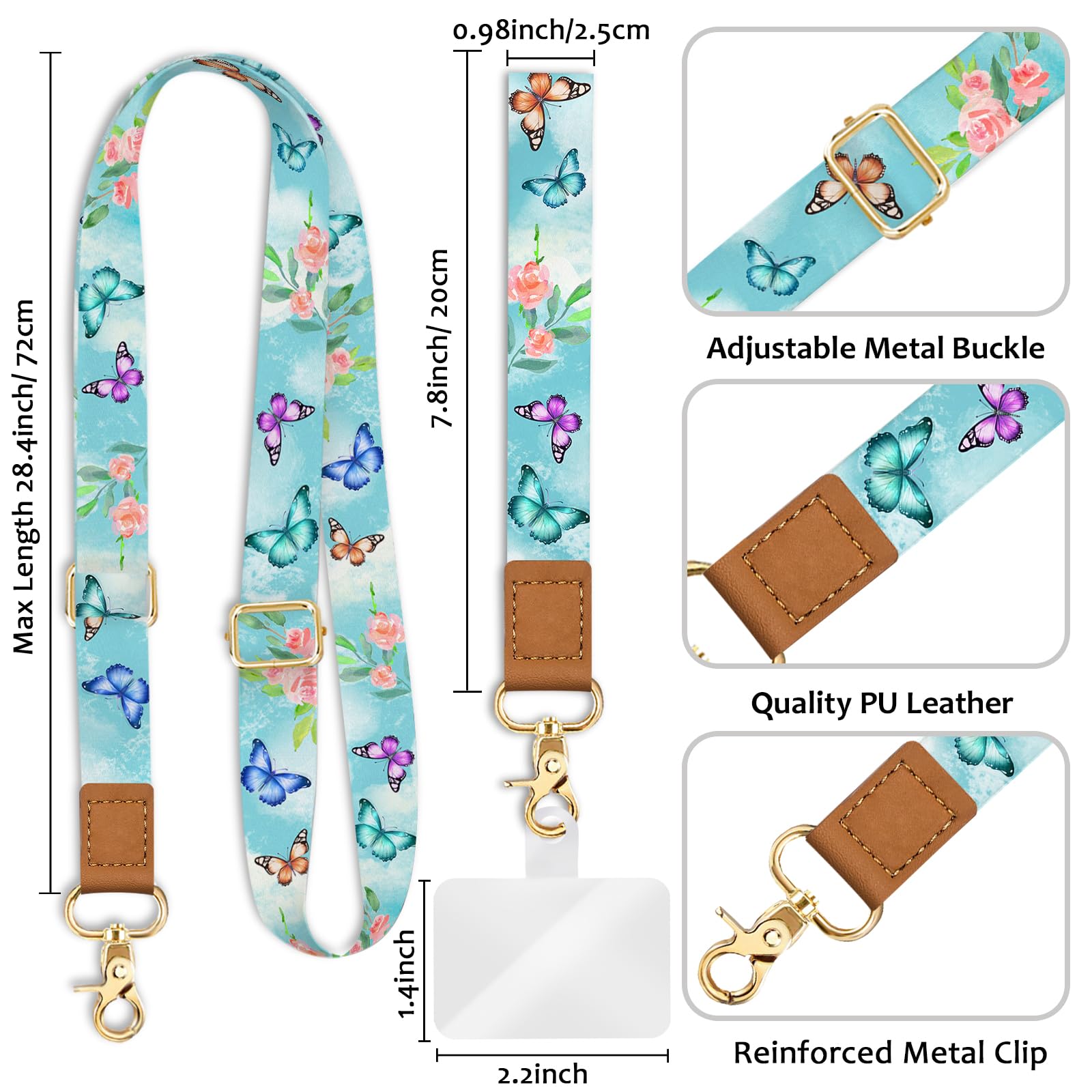 Piefly Phone Lanyard Crossbody Wrist Strap, Butterfly Flower Cell Phone Lanyards For Around The Neck Wristlet Shoulder, Adjustab