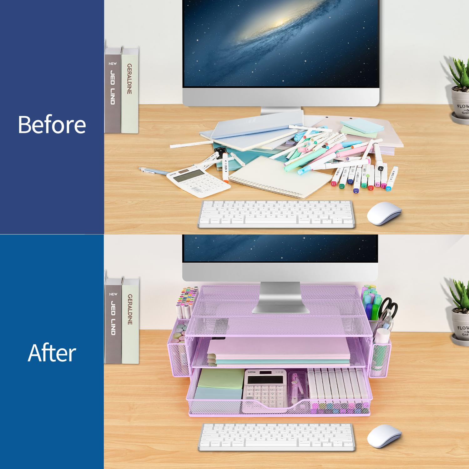 Aupsen 2 Tier Computer Monitor Stands With Drawers And 2 Pen Holder, Desk Accessories & Workspace Desk Organizers, Desktop Organ