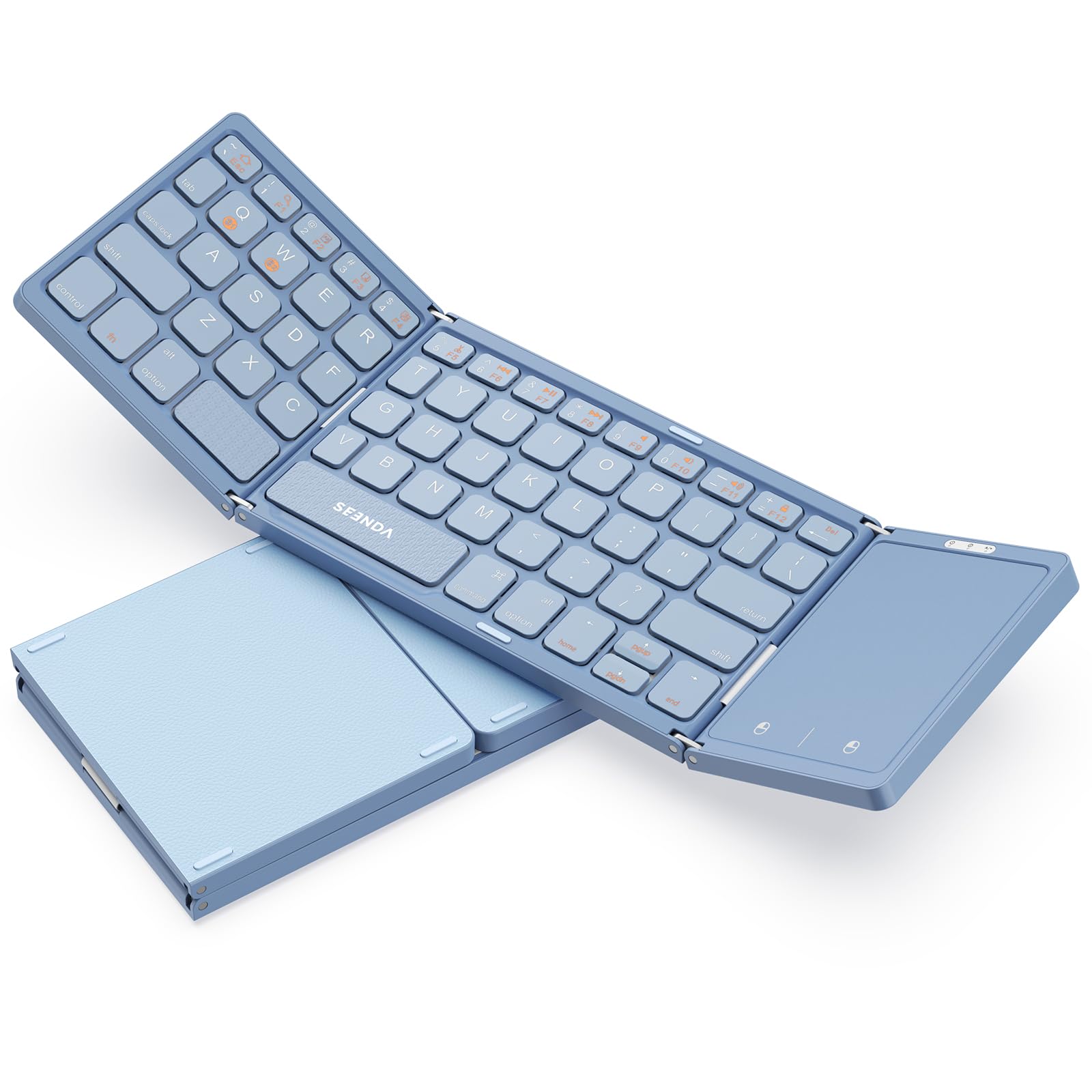 Seenda Foldable Bluetooth Keyboard For Travel, Tri Folding Wireless Rechargeable Multi Device Portable Keyboard With Touchpad, For Laptop Ipad Tablet Pc Smartphone Windows Ios Android, Blue