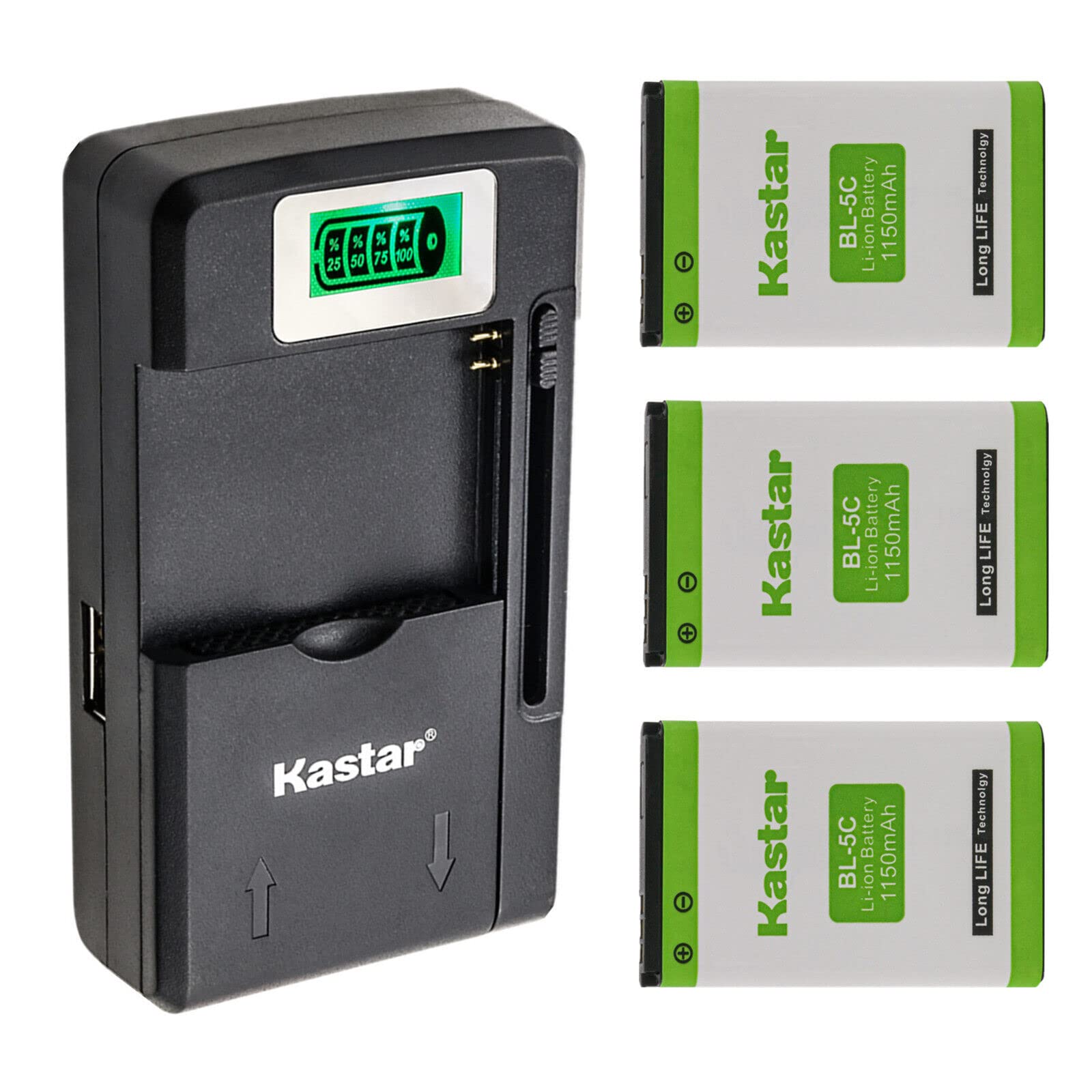 Kastar 3-Pack Battery and Smart LCD Charger Replacement for Nokia BL-5C, NGM BL-OS4, Alcatel 3BN67330AA, 8232, 8232 DECT, 8242 D