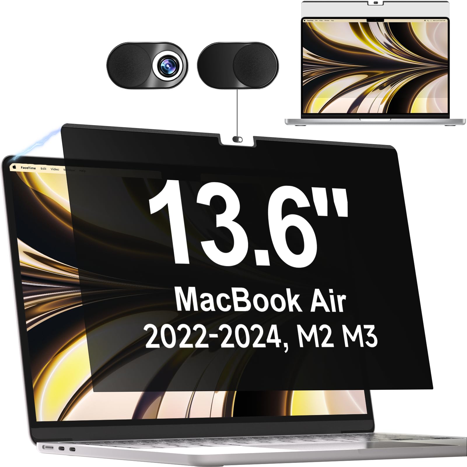 Mamol Privacy Screen For Macbook Air 13.6 Inch 2022 2024 (M2, M3), Magnetic Removable Anti Glare Blue Light Filter, Anti Spy Lap