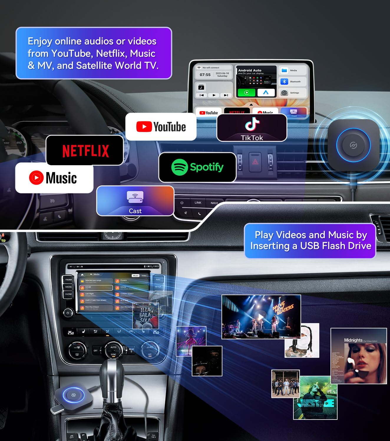 Wireless Carplay/Android Auto Adapter, Magic Box Supports Netfiix/Youtube/Tiktok/Disney+, Apple Carplay/Android Auto Wireless Ad