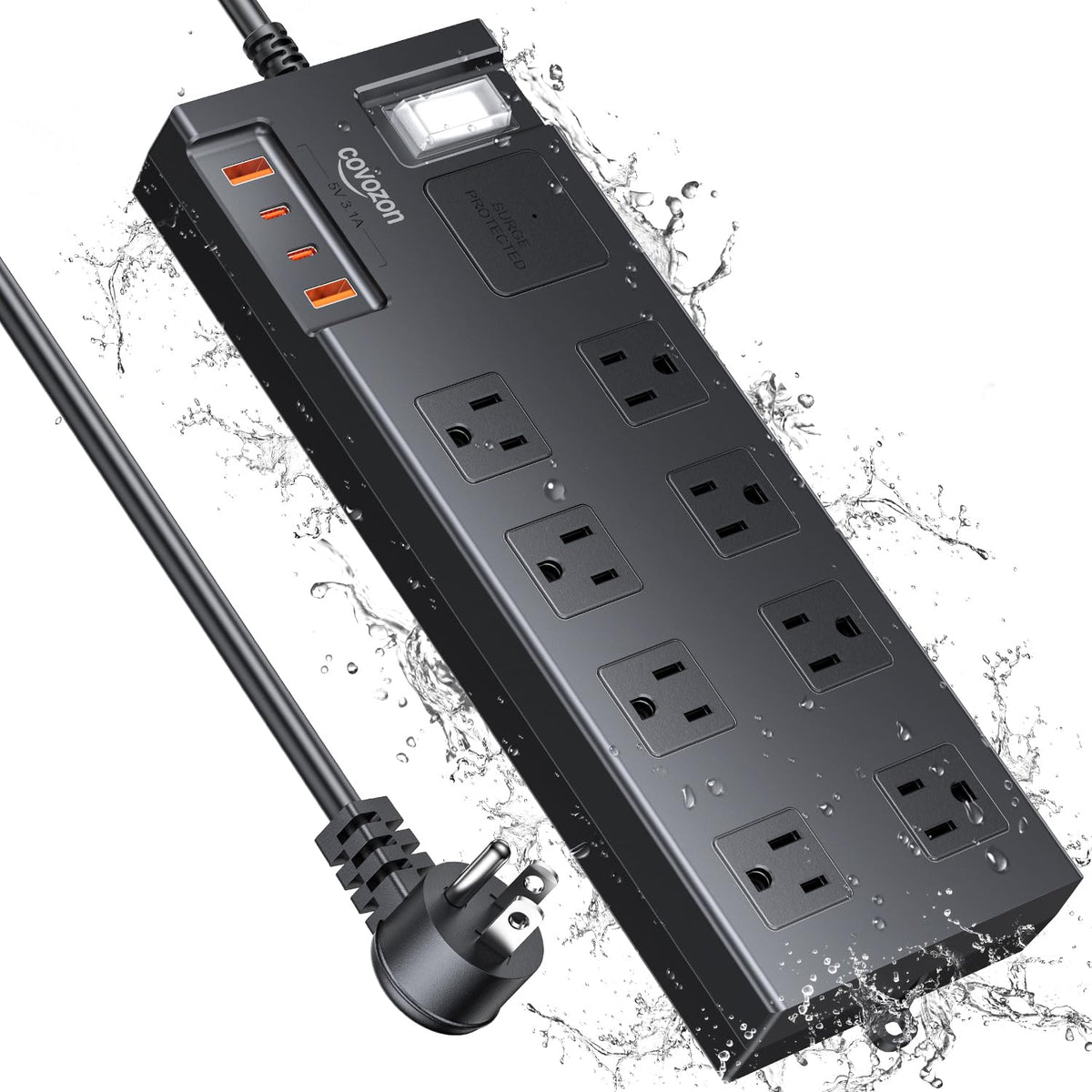 Covozon Power Strip Surge Protector - Ipx6 Waterproof, Fire-Resistance, Overload Protection, Flat Outlet Extension Cord With Mul