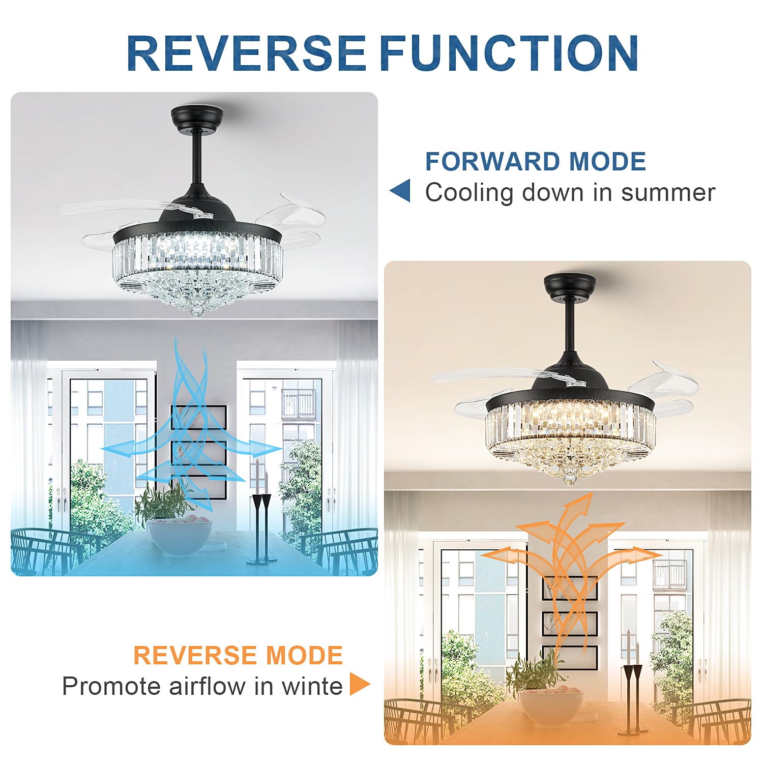 42'' Fandelier Ceiling Fans With Light, Chandelier Ceiling Fan, Retractable Crystal Ceiling Fan For Bedroom, Living Room, 3 Colo