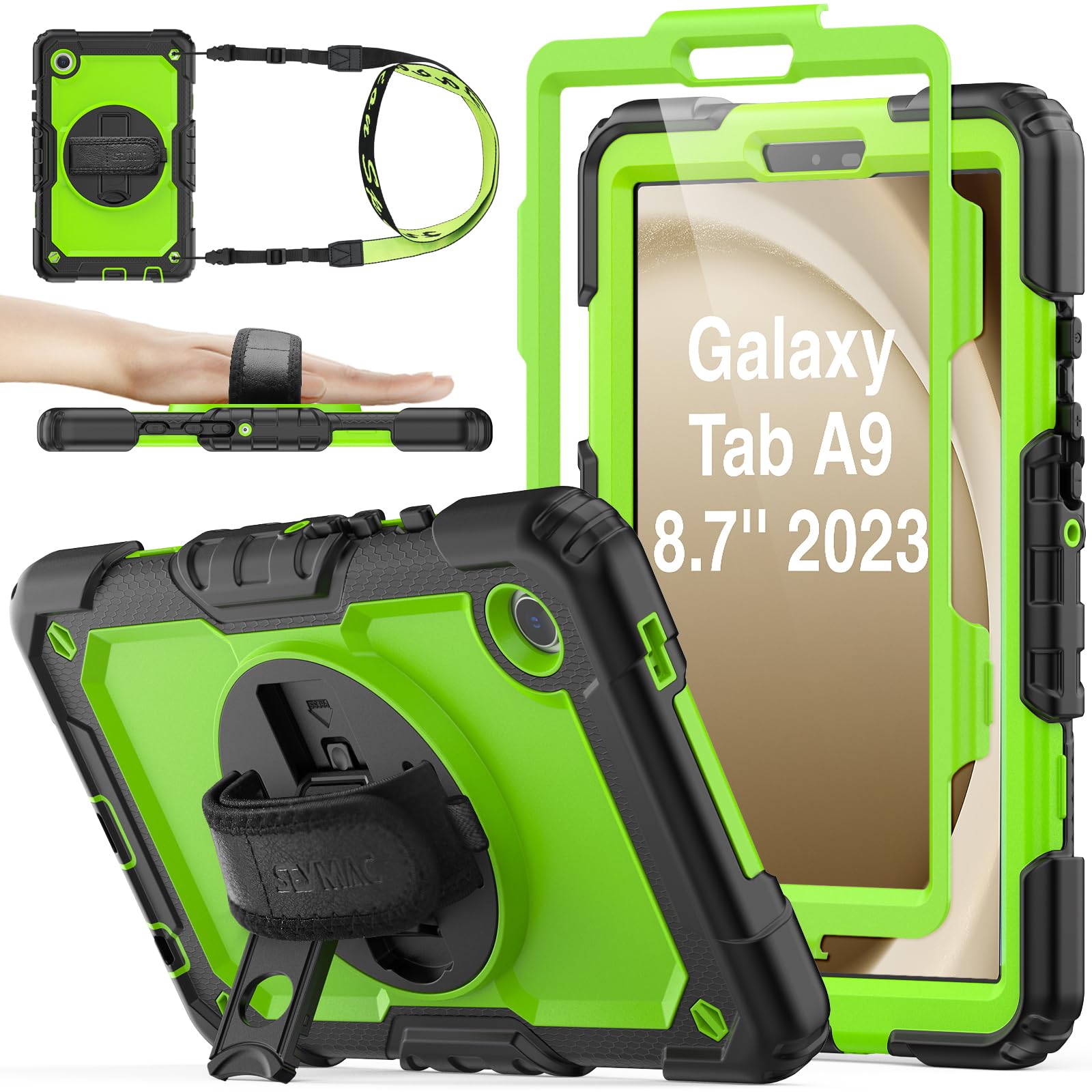 SEYMAC stock 360 Hand Strap Shockproof Case for Samsung Galaxy Tab A9 8.7 inch, Green+Black