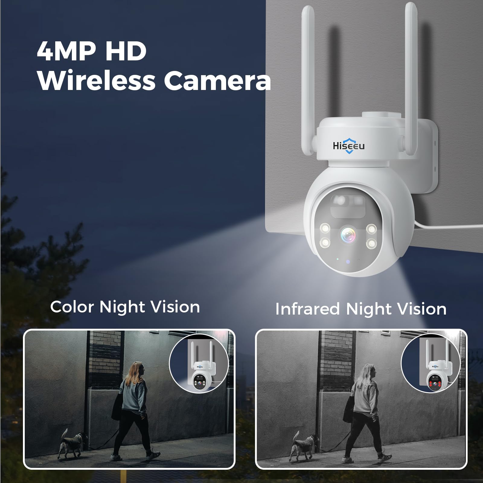 Hiseeu Solar Camera Outdoor, 4Mp Wireless Battery Camera, Ptz 360� View, Pir Motion Detection, Color Night Vision, Ip66, 2 Way Audio, 2.4G Wifi, No Monthly Fee