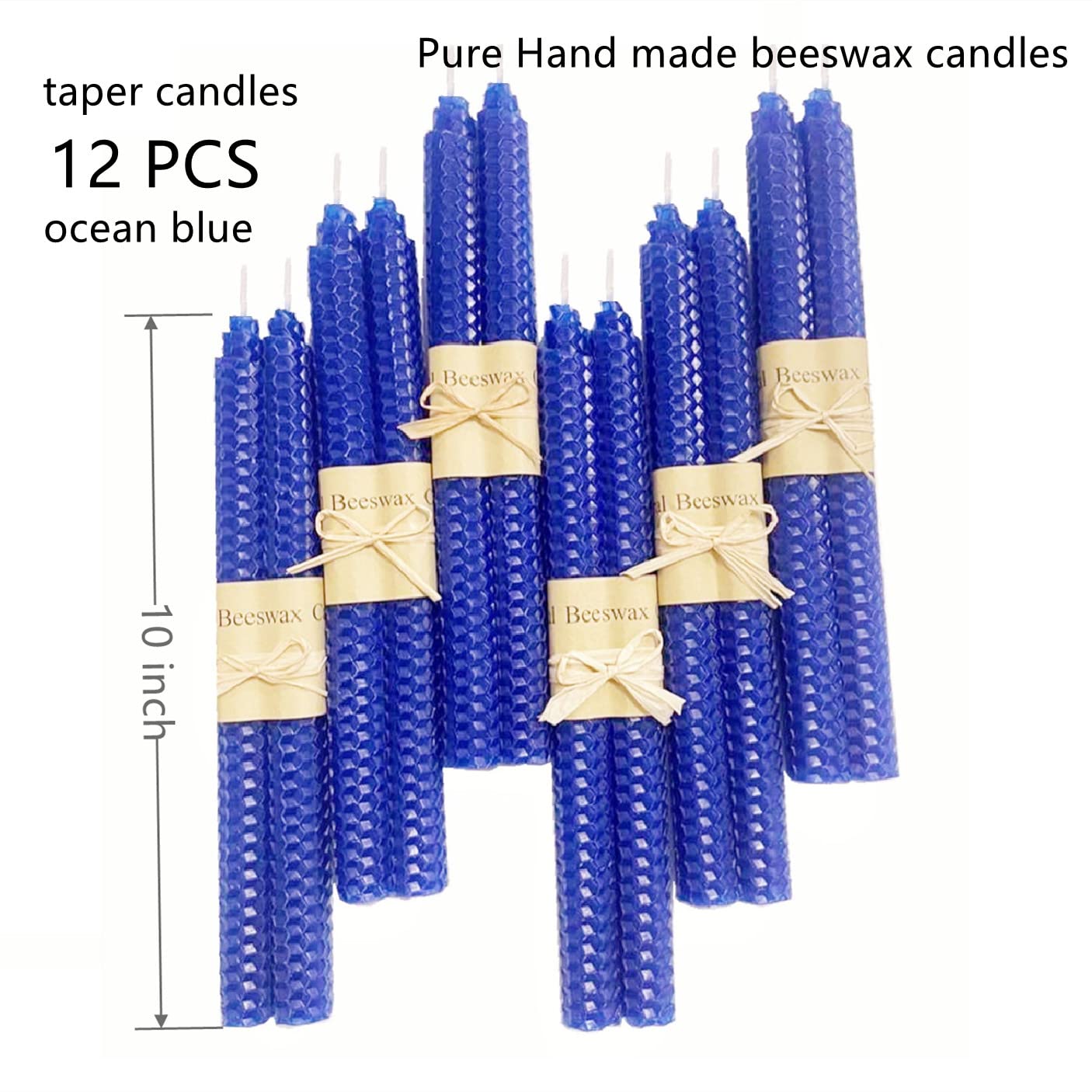 Set Of 12 Beeswax Taper Candles, Ocean Blue,10 Inch Smokeless Flameless Dripless Wax Candles, Long Candles Tall Unscented Driple
