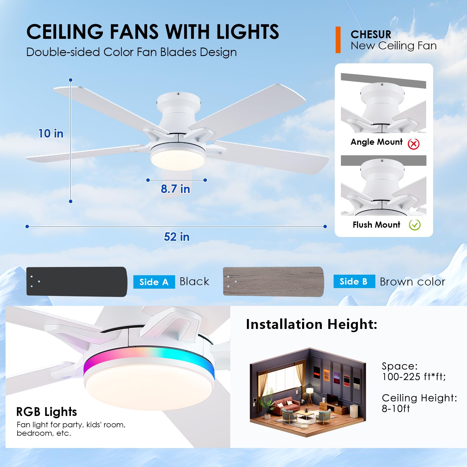 Chesur Flush Mount Ceiling Fans With Rgb Side Lights   52'' White Rgb Ceiling Fan With 5 Dual Sided Blades, Dimmable Reversilbe