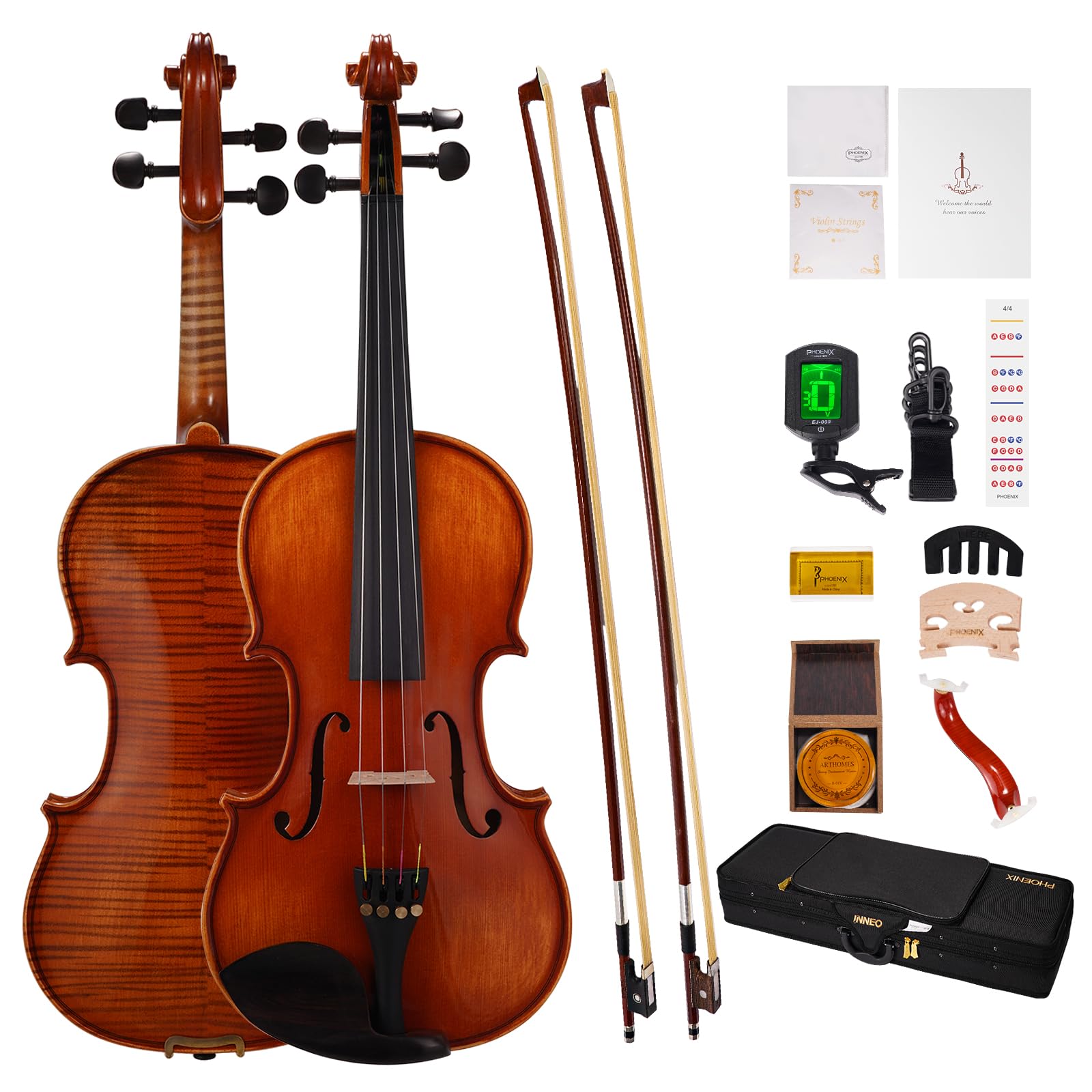 Phoenix Violin 4/4 Full Size Set, Fiddle Solid Wood For Professional Beginners Adults Kid With Ironwood Octagonal Bow & Rosewood